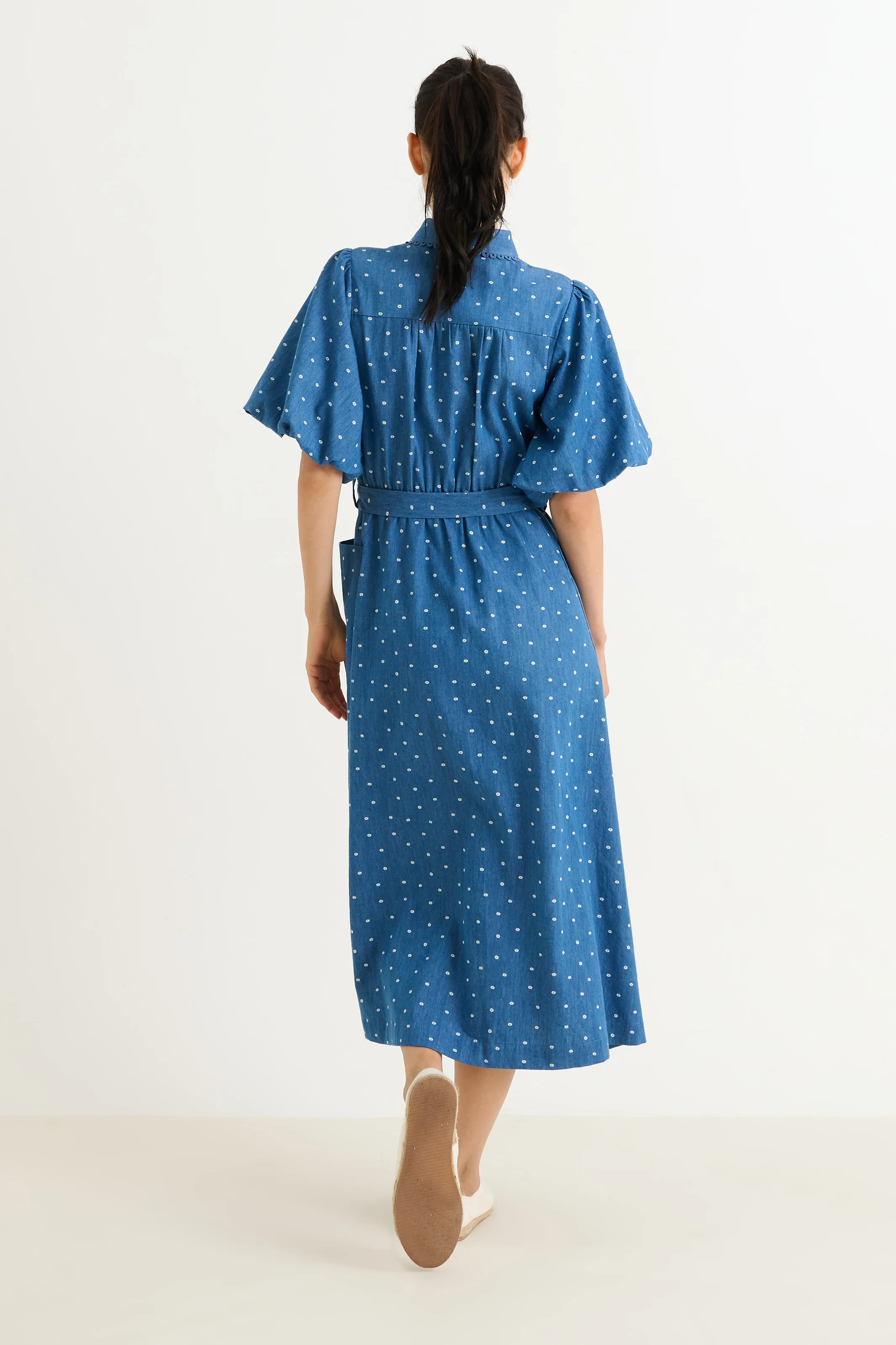 Lola Flower Dot Print Balloon Sleeve Shirtdress - Blue - Image 3