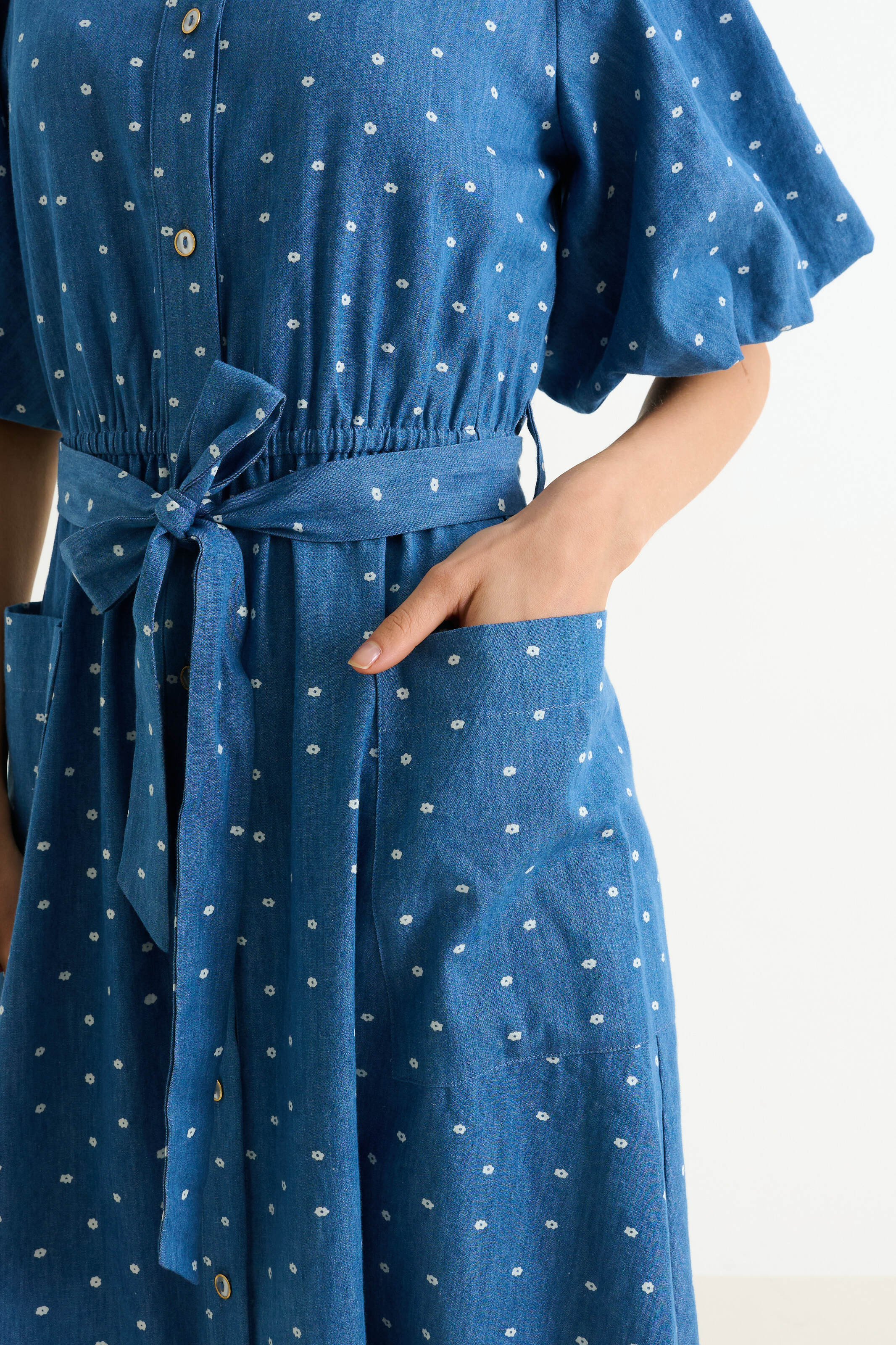 Lola Flower Dot Print Balloon Sleeve Shirtdress - Blue - Image 5