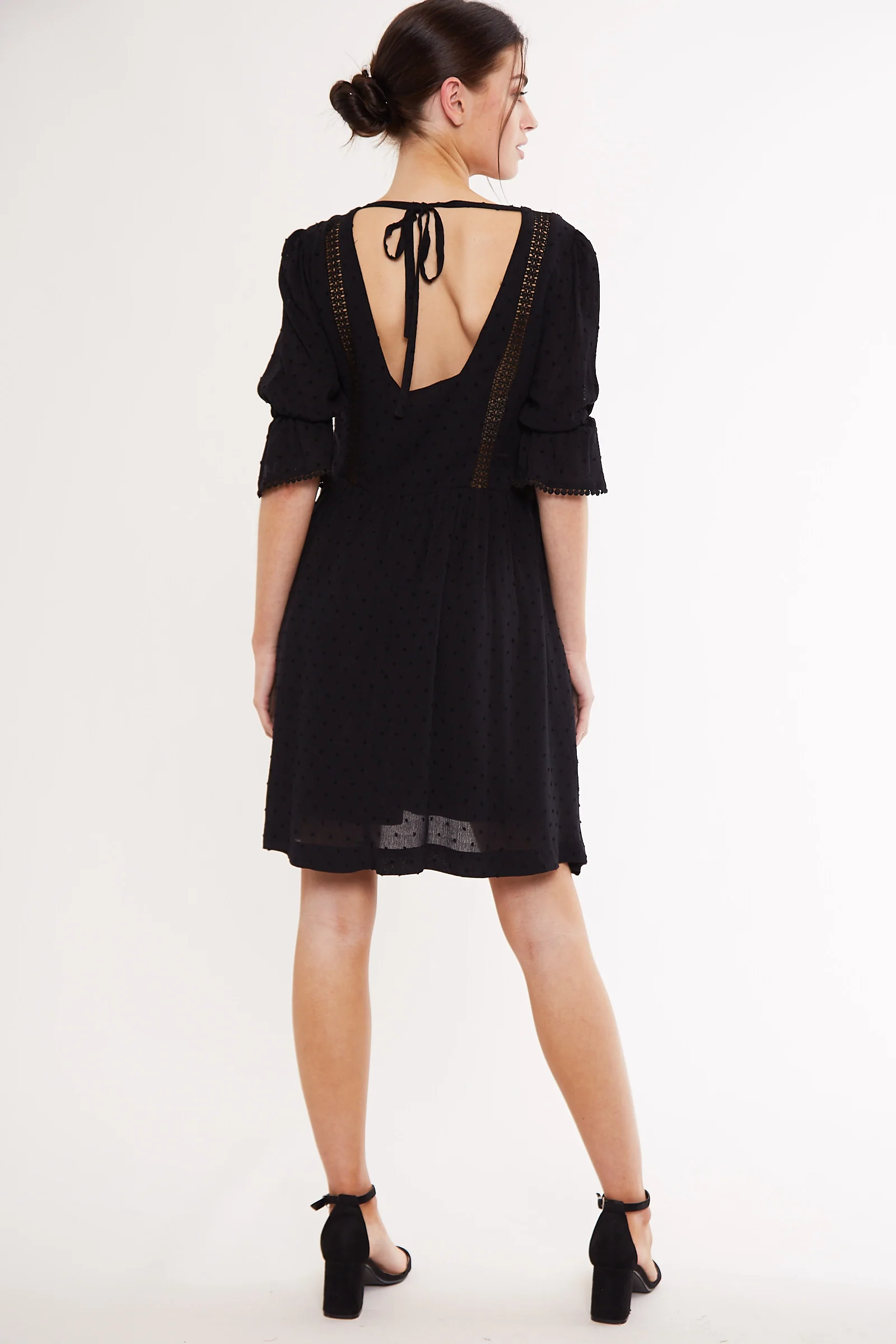 Louche Amarine Self Dot Square Back 3/4 Sleeve Mini Dress Black - Image 2