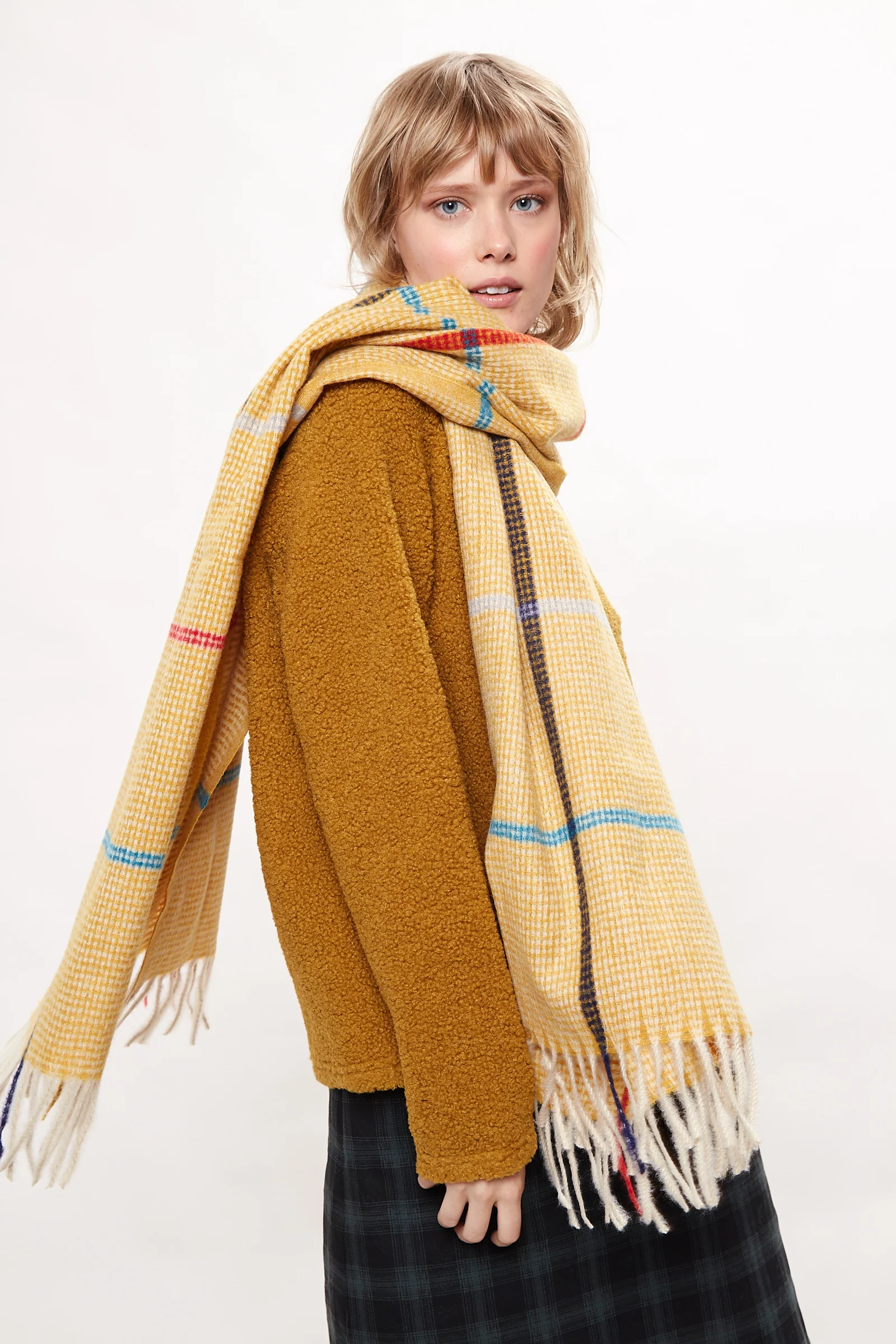 Louche Aoife Fluffy Warm Handle Woven Check Scarf With Tassels - Mustard - Image 3