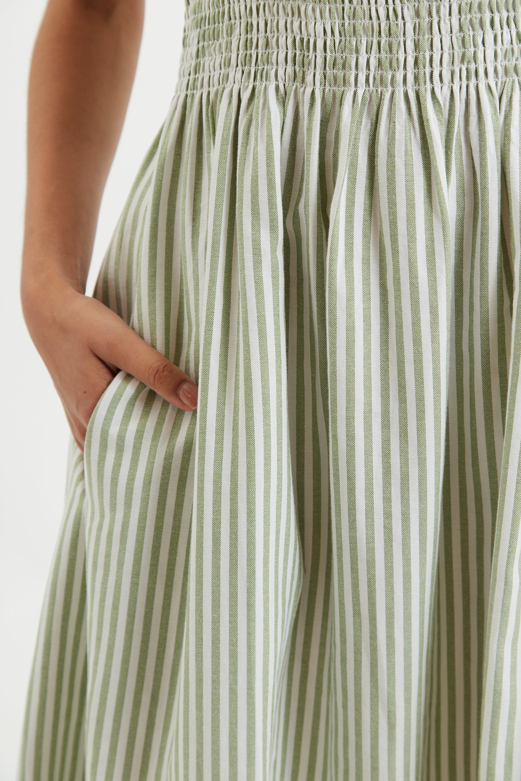 Babette Sail Stripe Shirred Bodice Midi Dress Green - Image 4
