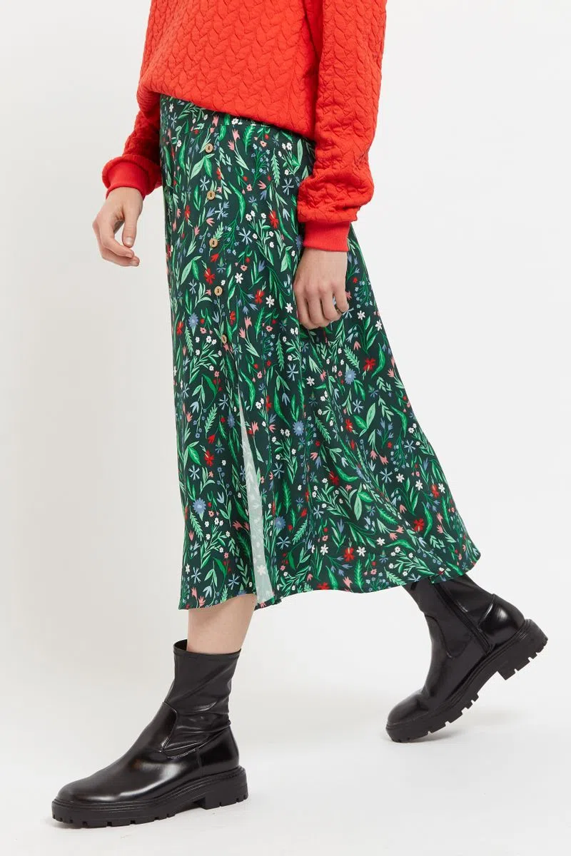 Barney Folk Floral Print Midi Skirt in Multi - Image 3