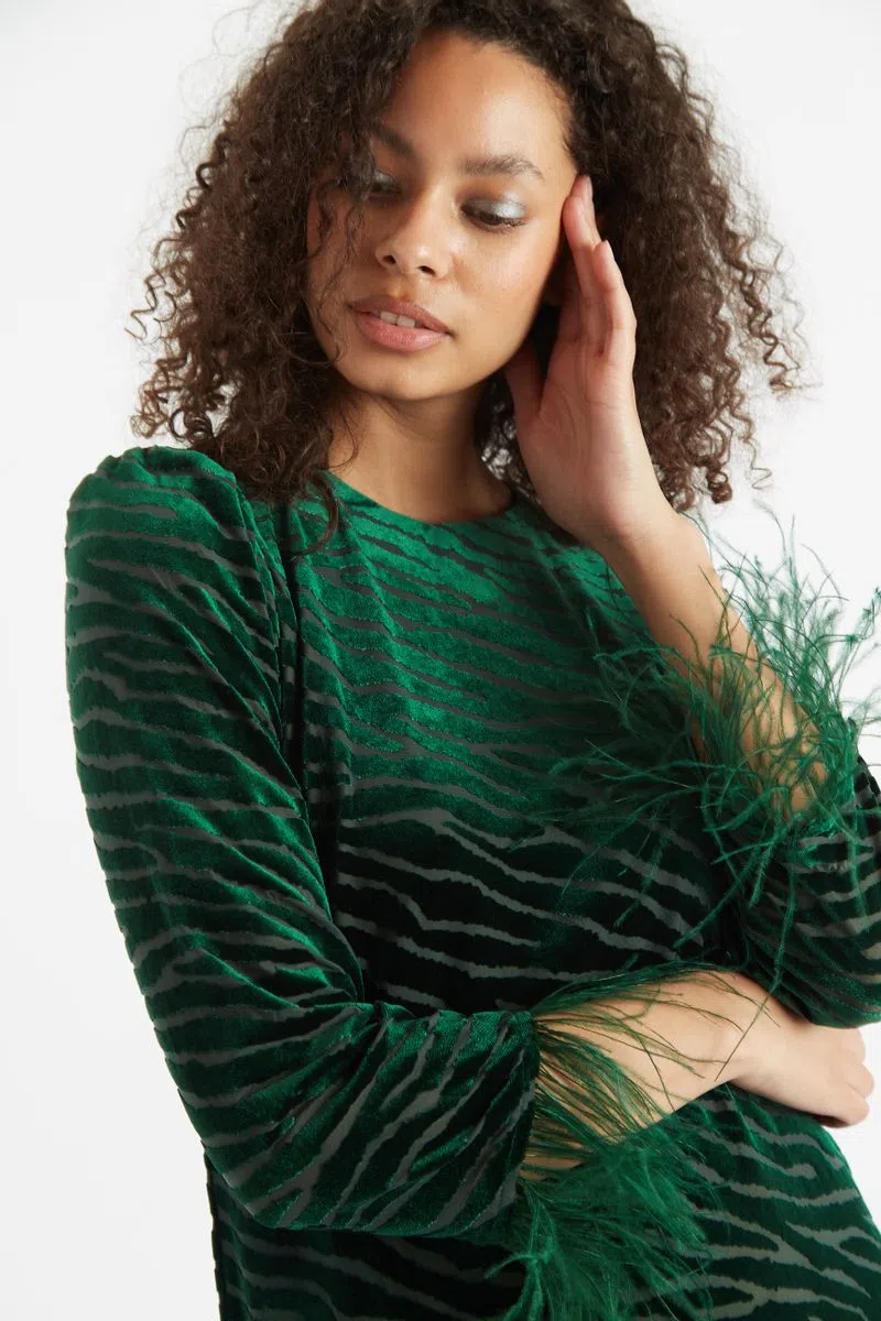 Louche Celie Zebra Devore Feather Trimmed Mini Dress Green - Image 3