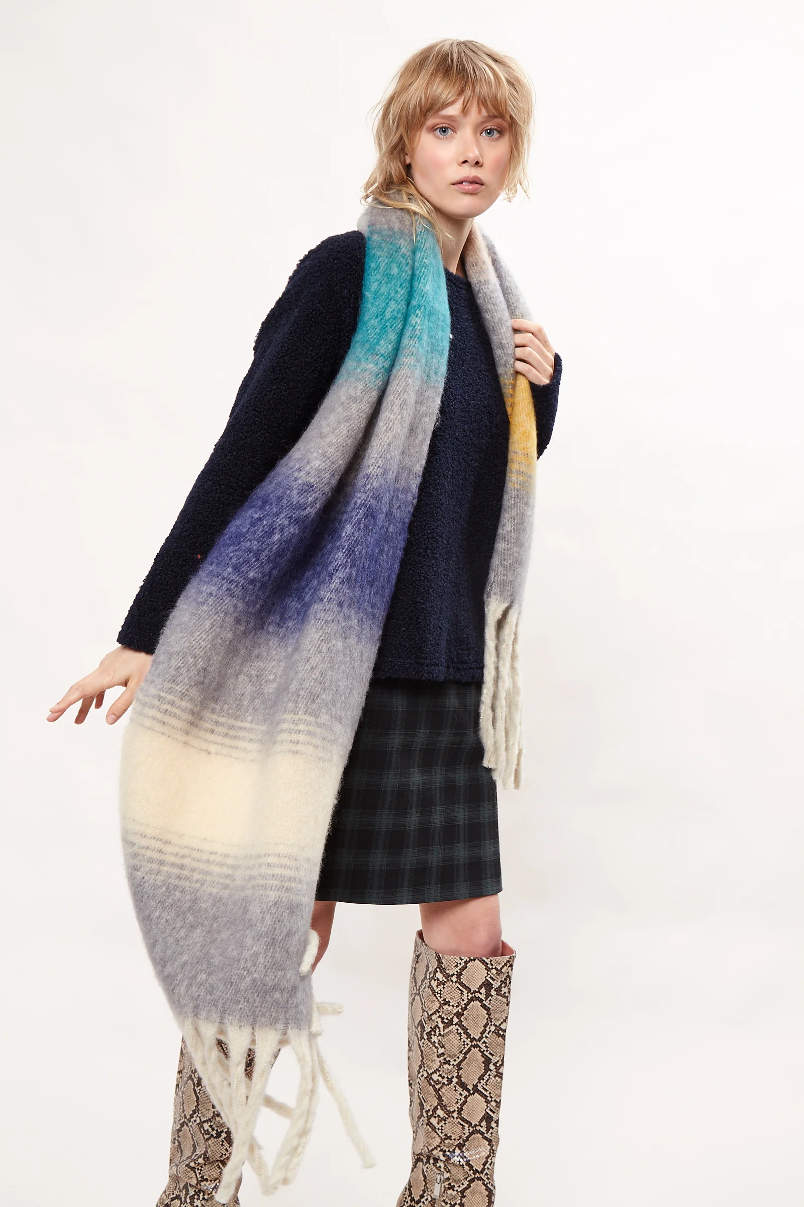 Louche Ciara Cosy Fluffy Striped Tassel Scarf - Grey - Image 3
