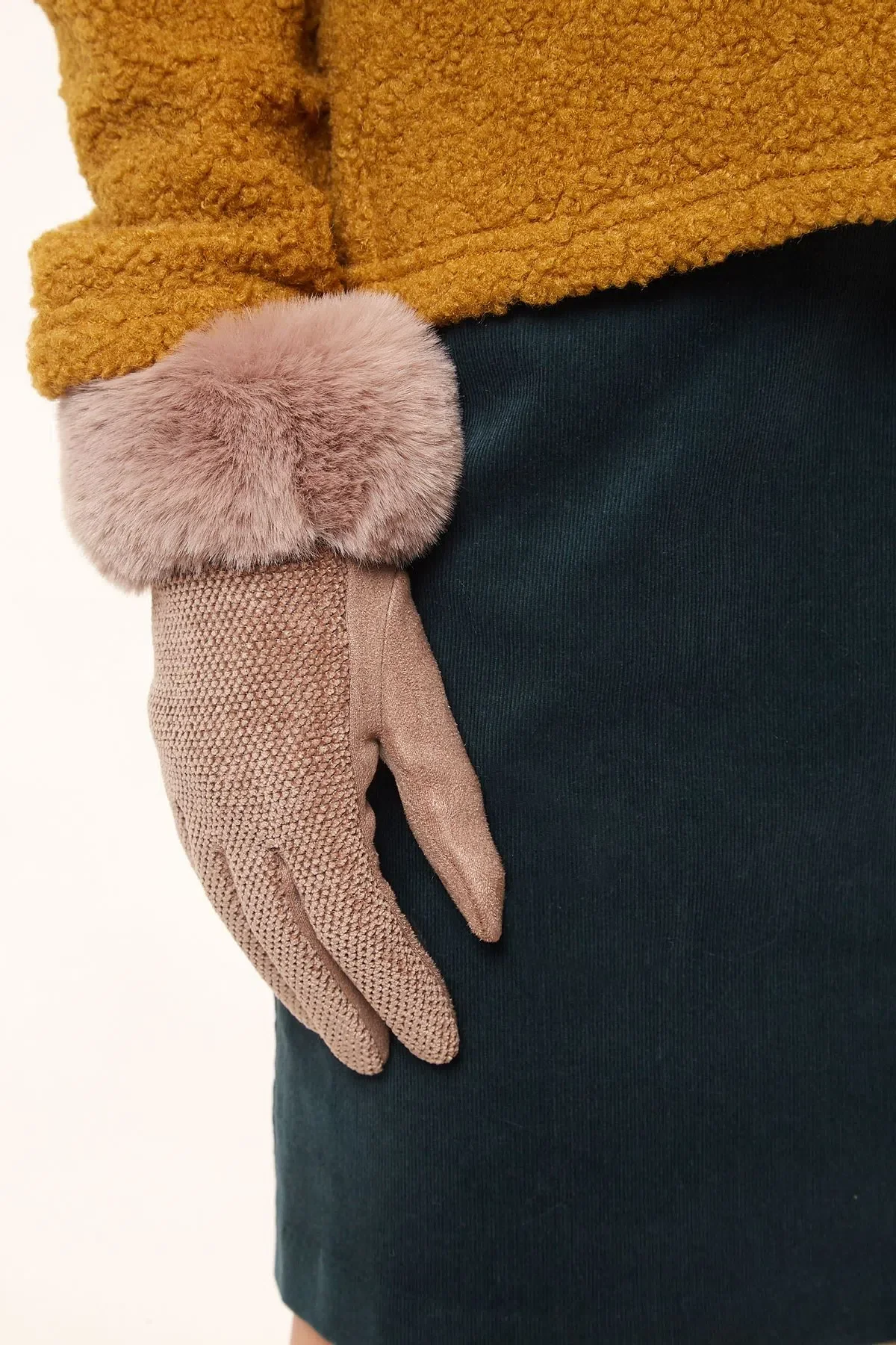 Louche Emer Faux Suede And Fur Cuffed Touch Screen Gloves - Stone - Image 3