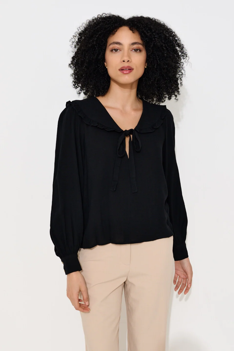 Gaela Moss Crepe Statement Collar Long Sleeve Blouse - Black