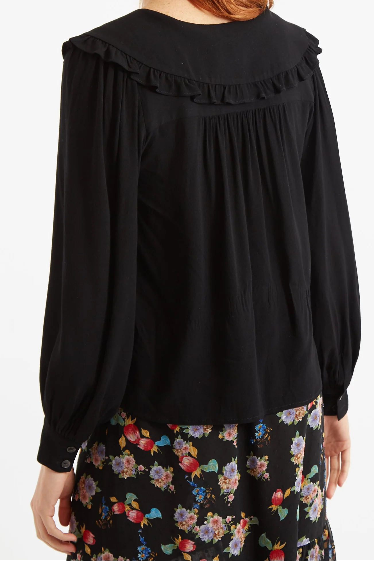 Gaela Moss Crepe Statement Collar Long Sleeve Blouse - Black - Image 2