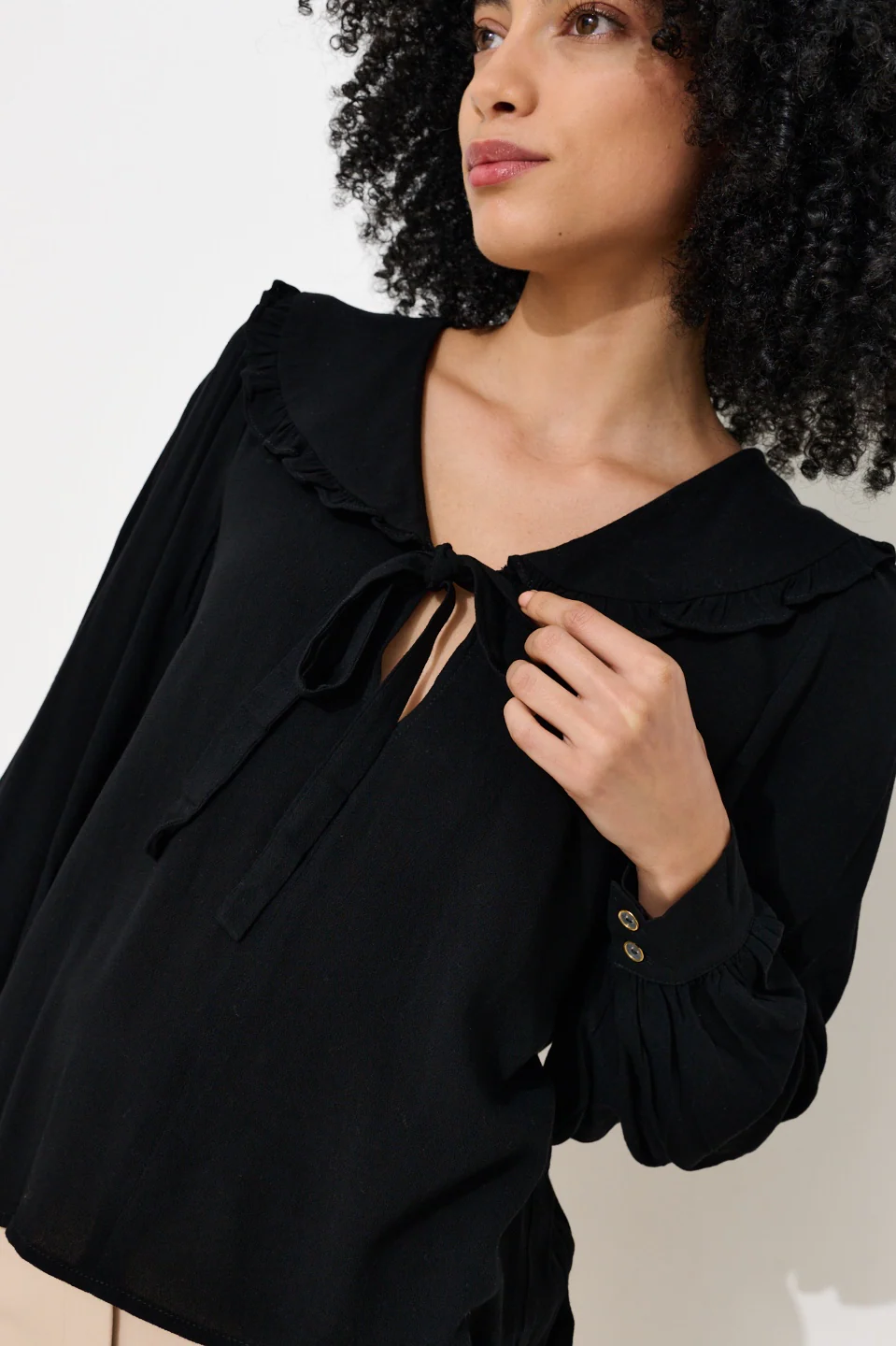 Gaela Moss Crepe Statement Collar Long Sleeve Blouse - Black - Image 3