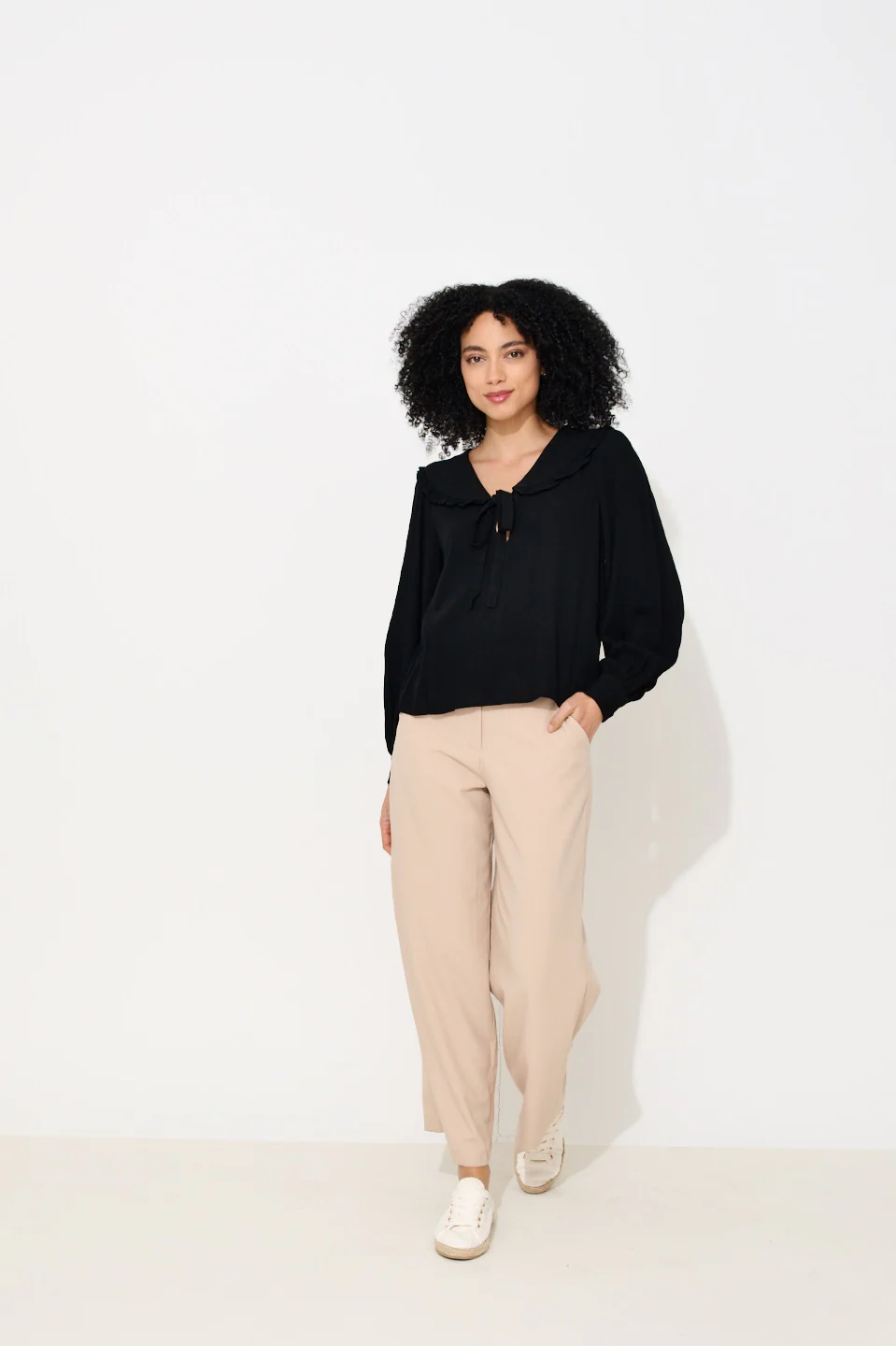 Gaela Moss Crepe Statement Collar Long Sleeve Blouse - Black - Image 4
