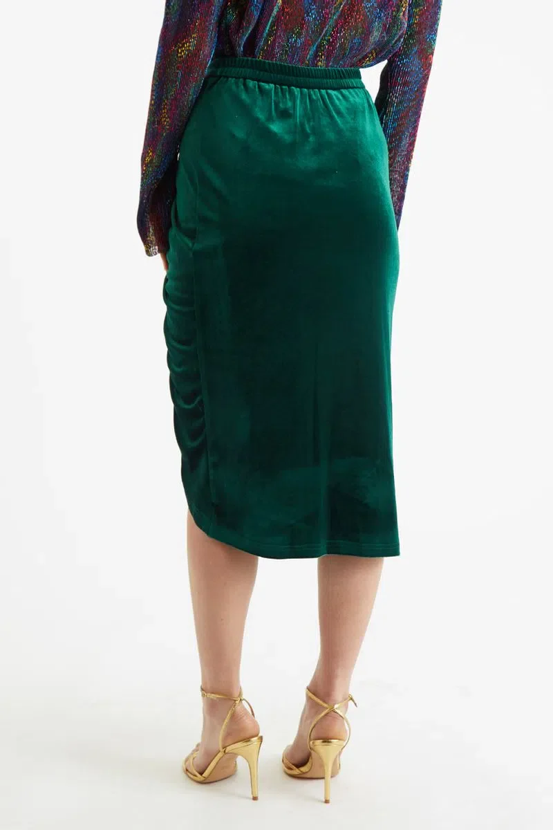Louche Helka Velvet Ruched Mini Skirt Green - Image 3