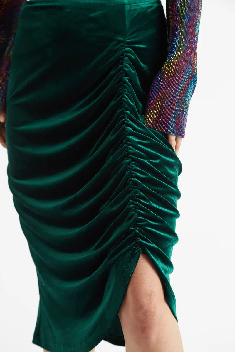 Louche Helka Velvet Ruched Mini Skirt Green - Image 4