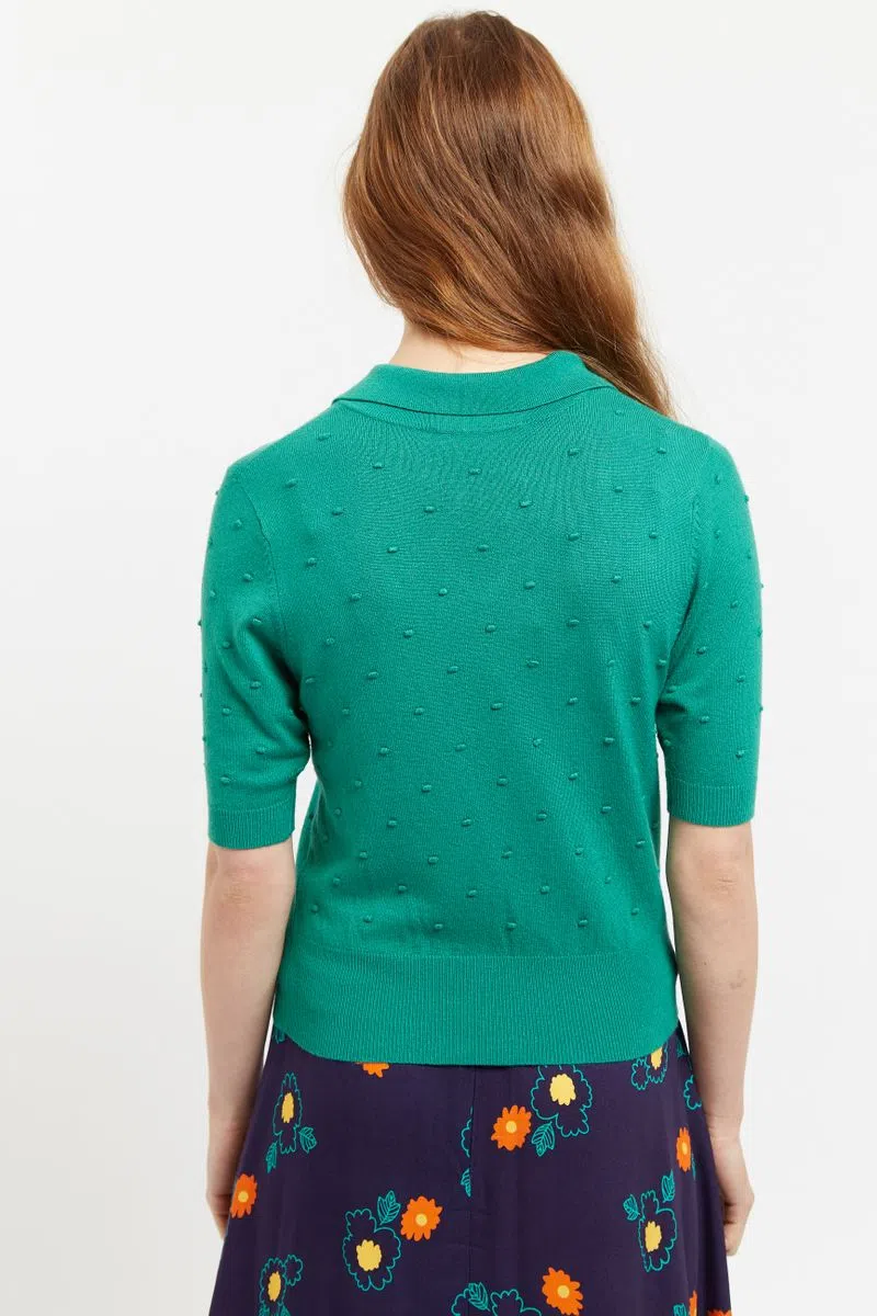 Josephina Raindrops Textured Short Sleeve Collared Sweater Green - Image 2