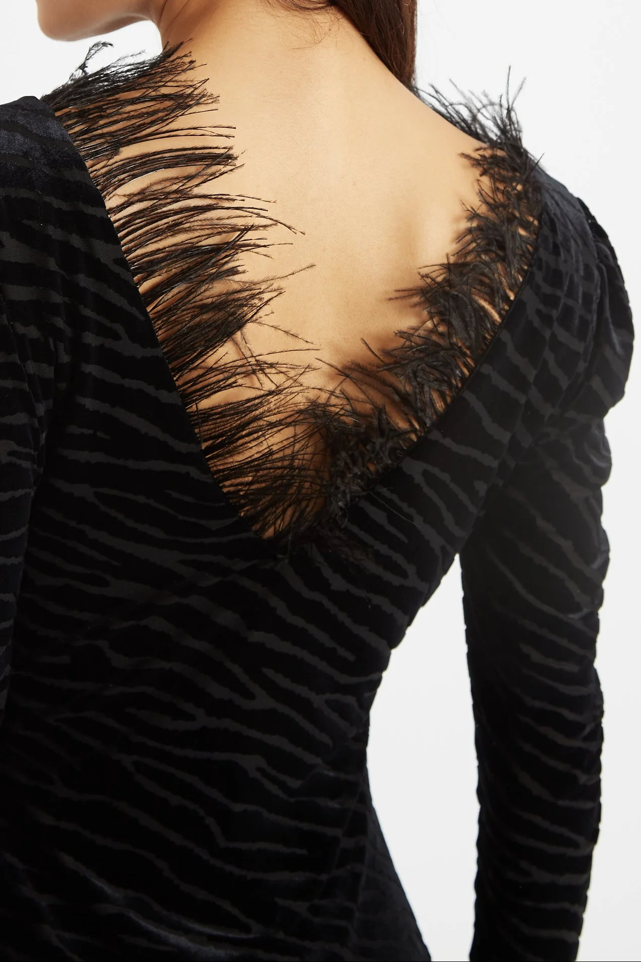 Krystel Zebra Devore Feather Trim Midi Dress Black - Image 4