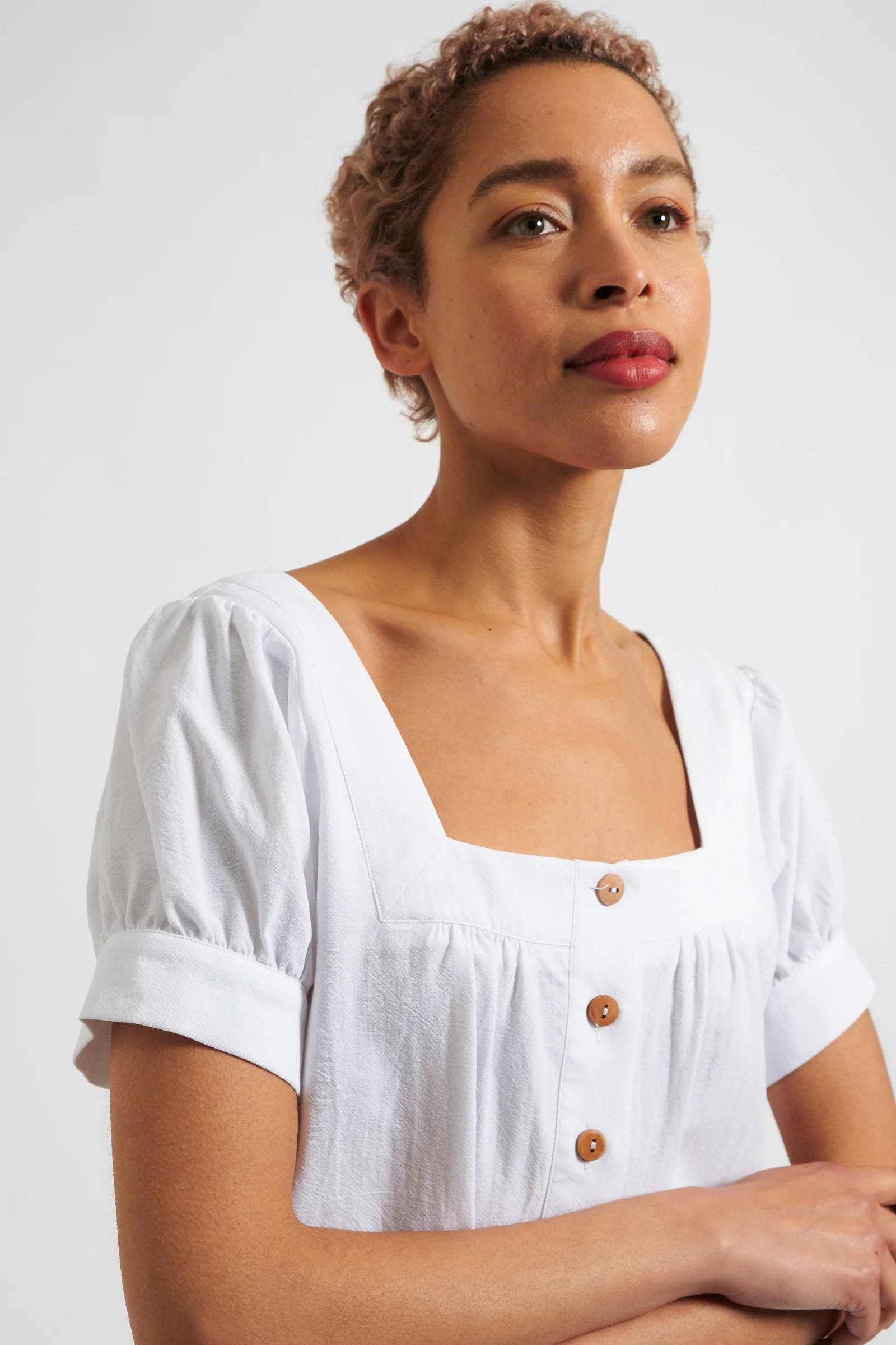 Lea Recycled Cotton Square Neck Short Sleeve White Blouse - Image 3