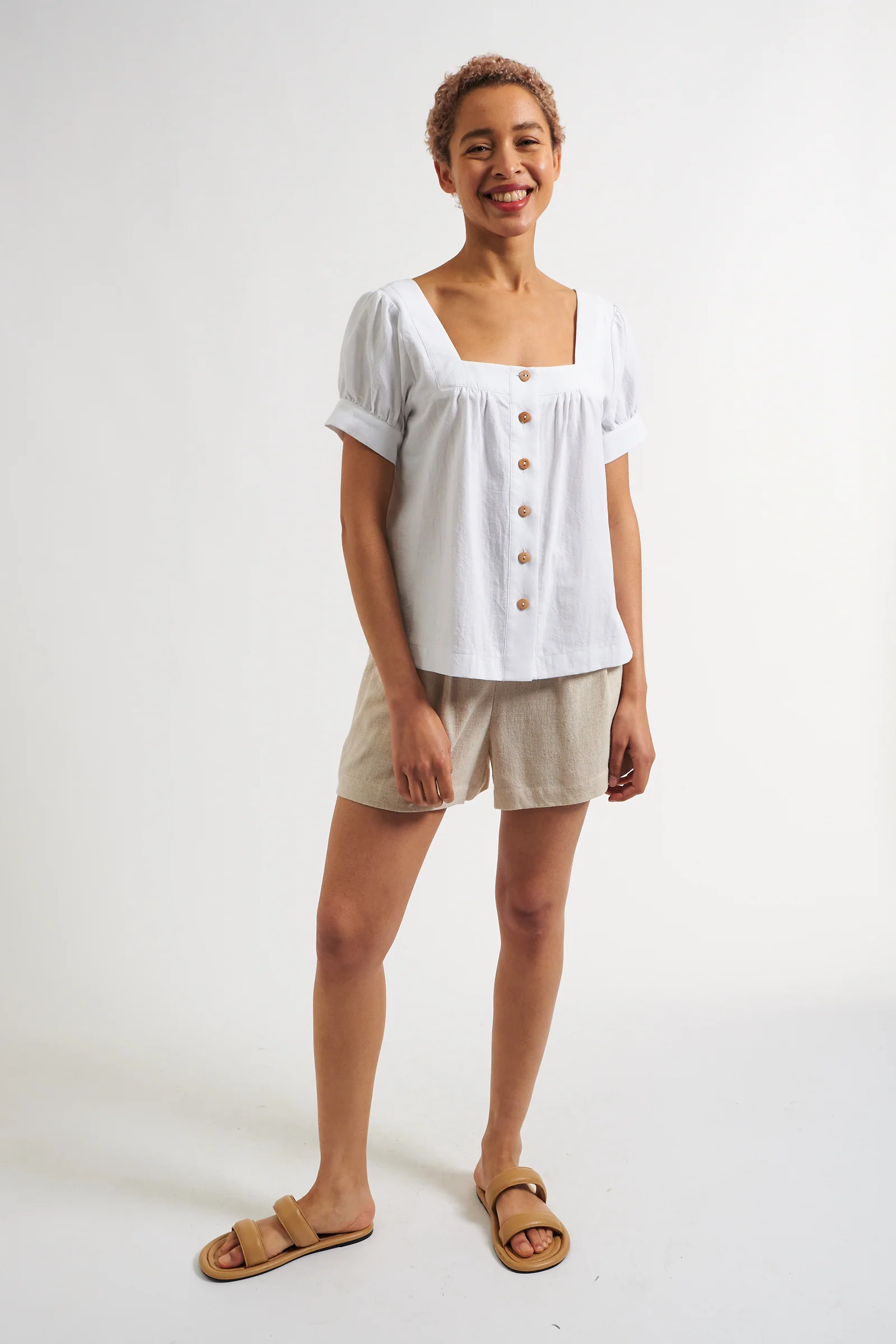 Lea Recycled Cotton Square Neck Short Sleeve White Blouse - Image 4