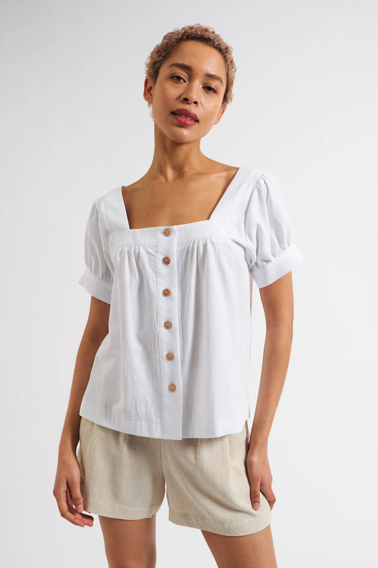 Lea Recycled Cotton Square Neck Short Sleeve White Blouse - Image 5