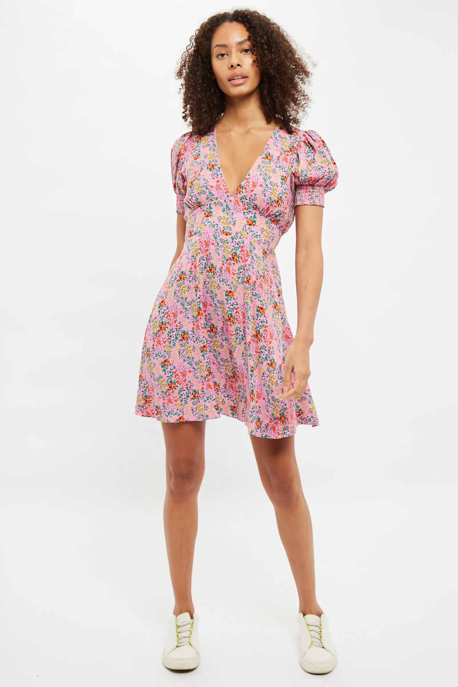 Louche Merle Flower Show Print V Neck Short Sleeve Tea Dress Pink - Image 5