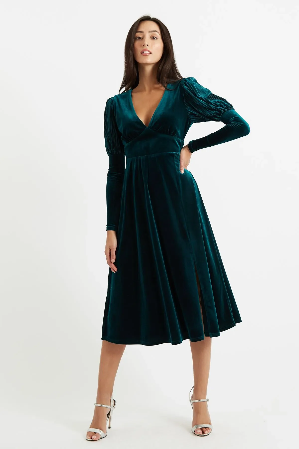 Louche Moa Velvet Stripe V Neck Midi Dress - Image 4