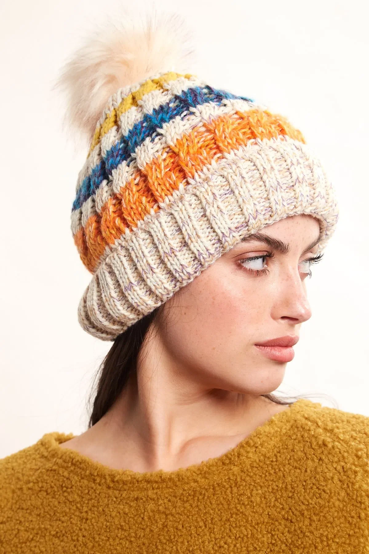 Louche Orla Striped Knitted Beanie With Faux Fur Bobble - White - Image 2