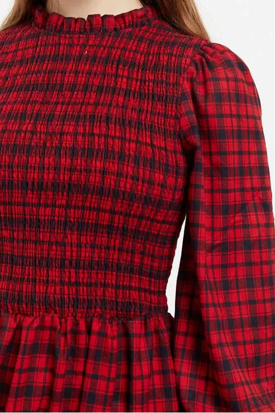Louche Peppi Winter Gingham Midi Dress Red - Image 3