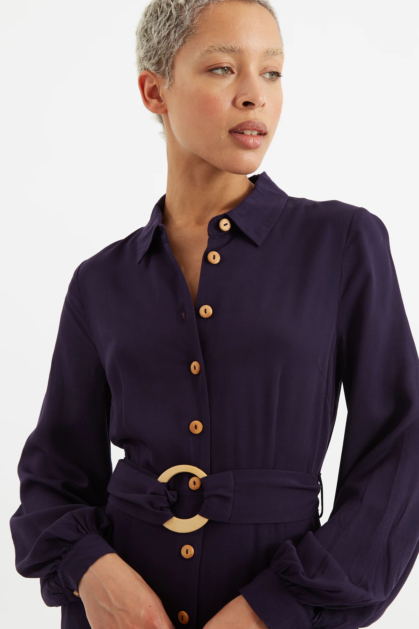 Rebecka Twill Long Sleeve Midi Shirt Dress Navy - Image 3