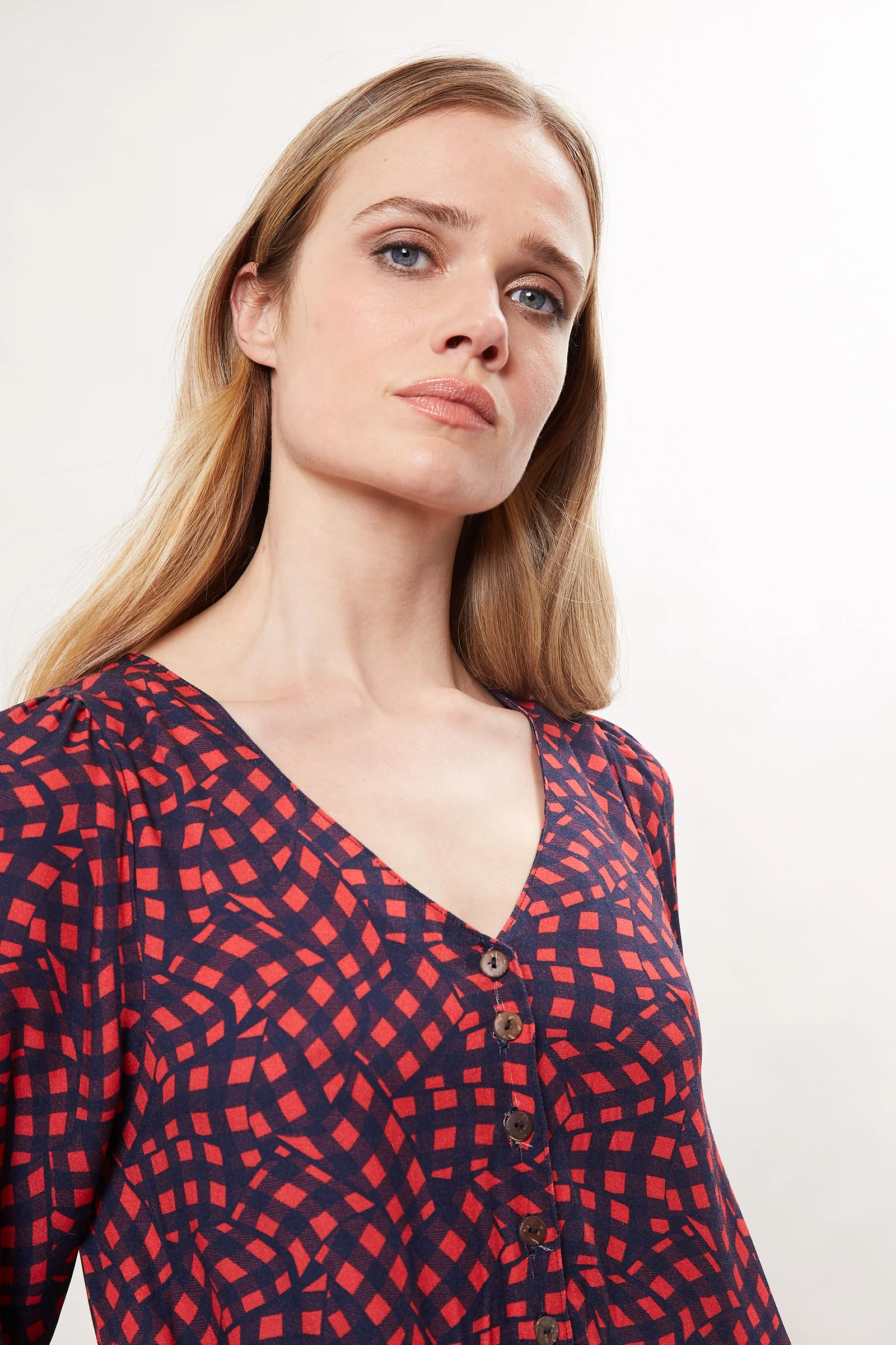Rheane Gingham Twist Print Long Sleeve V Neck Midi Dress - Image 3