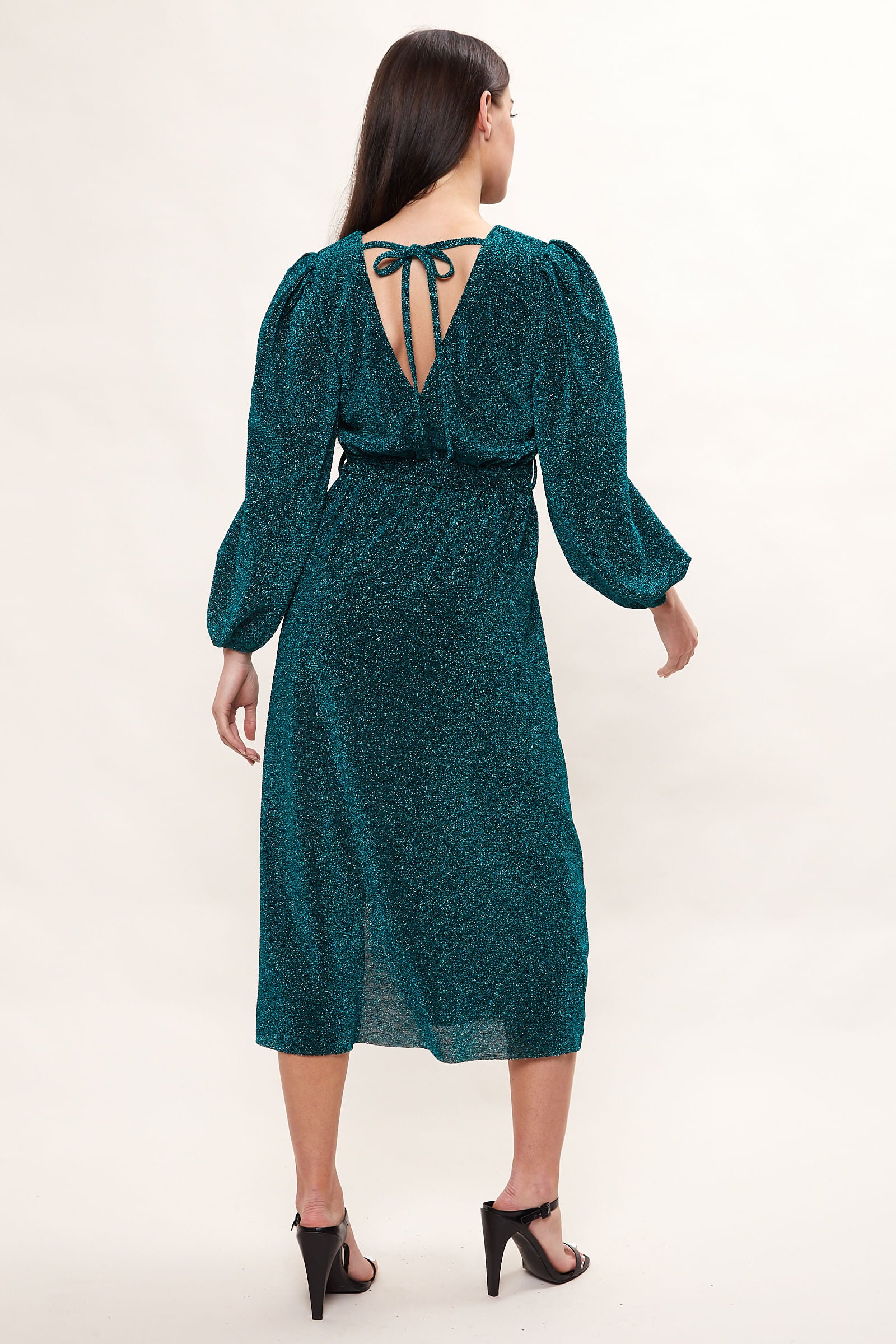 Louche Roza Lurex Jersey V Back Midi Dress - Petrol - Image 2