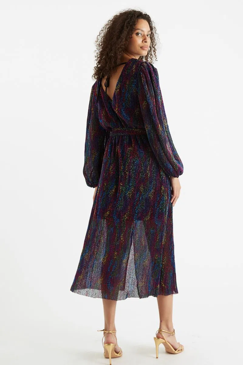 Louche Roza Plisse Foil Print V Back Midi Dress - Image 4