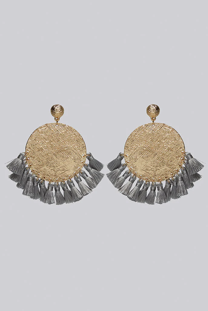 Louche Sally Large Gold Disc and Tassel Earrings - Image 2