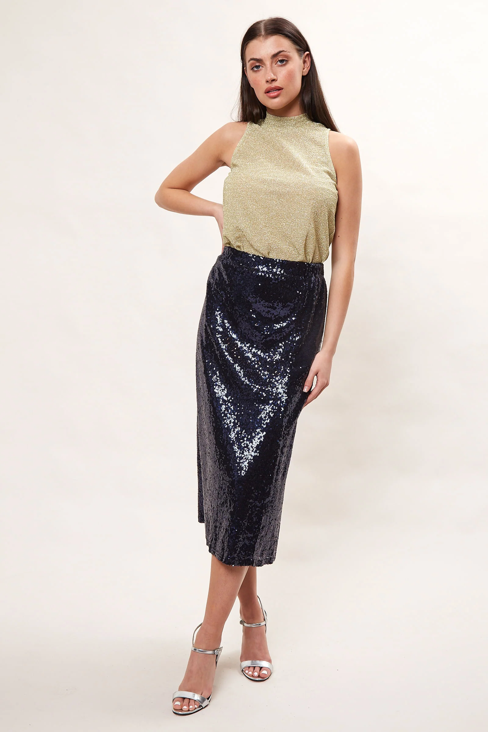 Louche Saro Sequin Midi Skirt  - Navy - Image 4