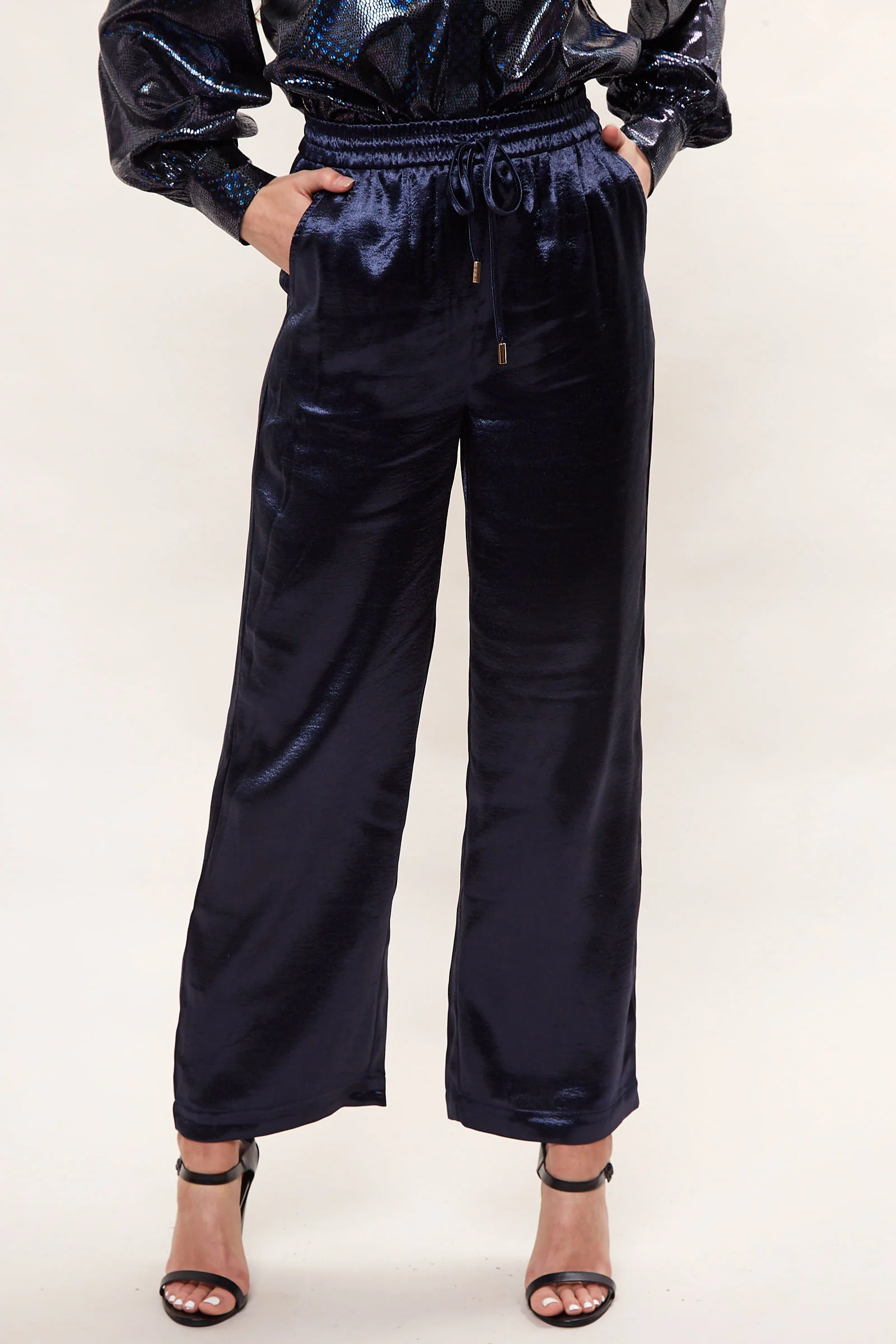 Louche Satin Emmanuella Pull On Trouser - Navy