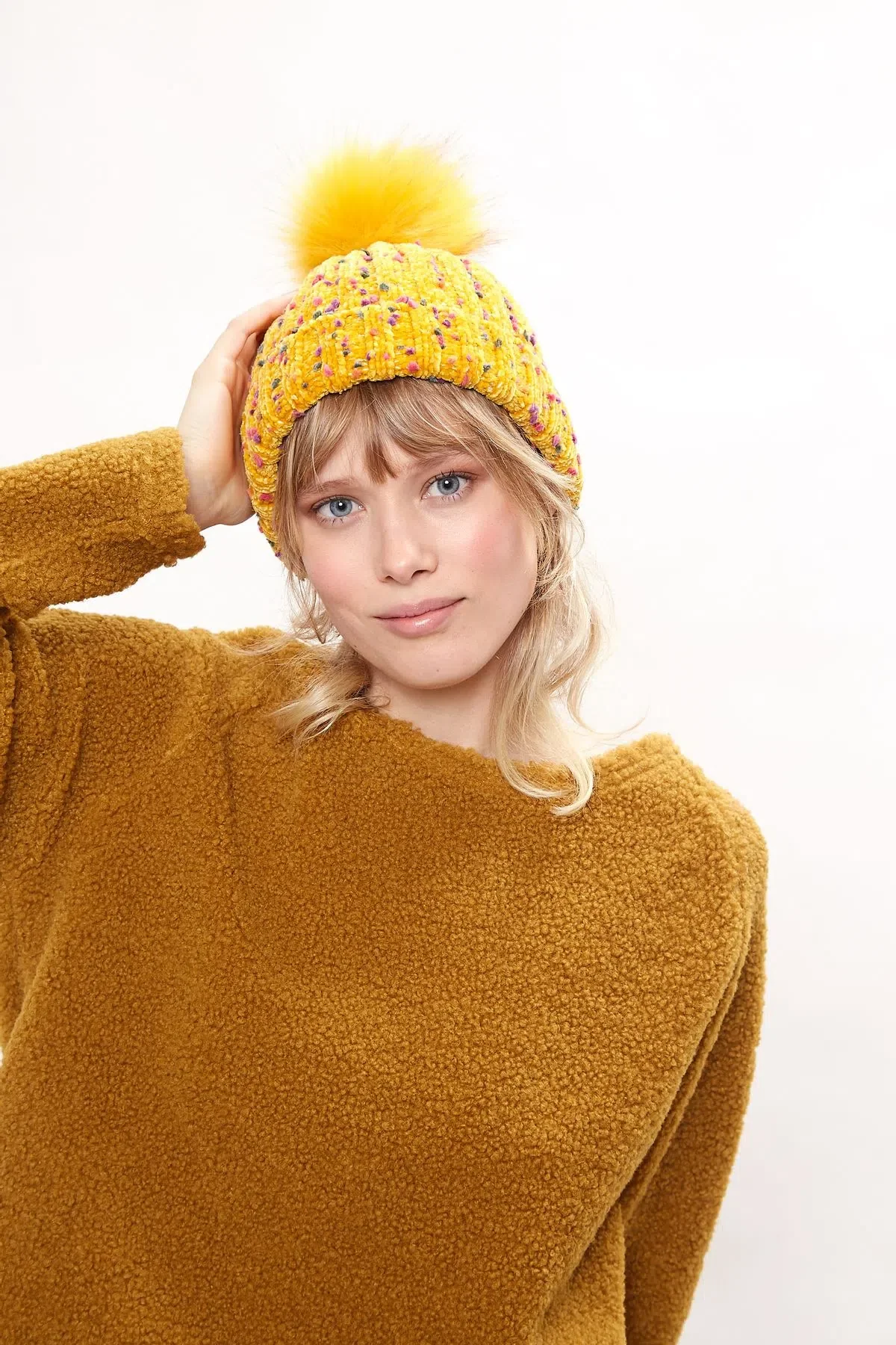 Louche Shannon Knitted Nep Beanie With Faux Fur Bobble - Mustard - Image 3