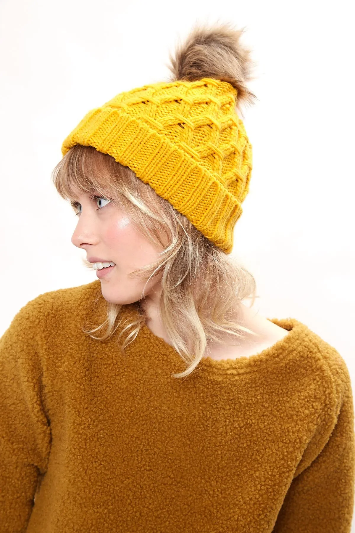 Louche Shauna Cable Knitted Beanie With Faux Fur Bobble - Mustard - Image 2