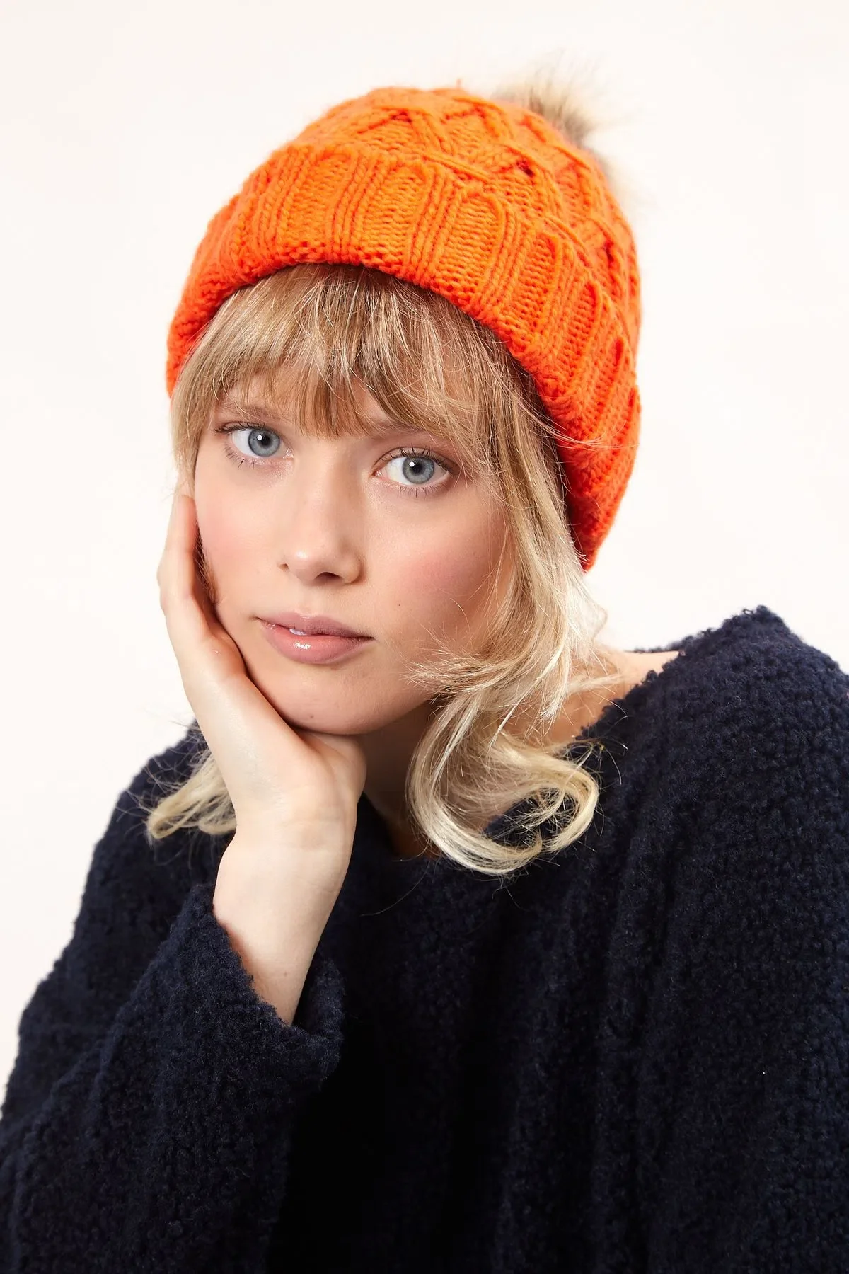 Louche Shauna Cable Knitted Beanie With Faux Fur Bobble - Red - Image 2