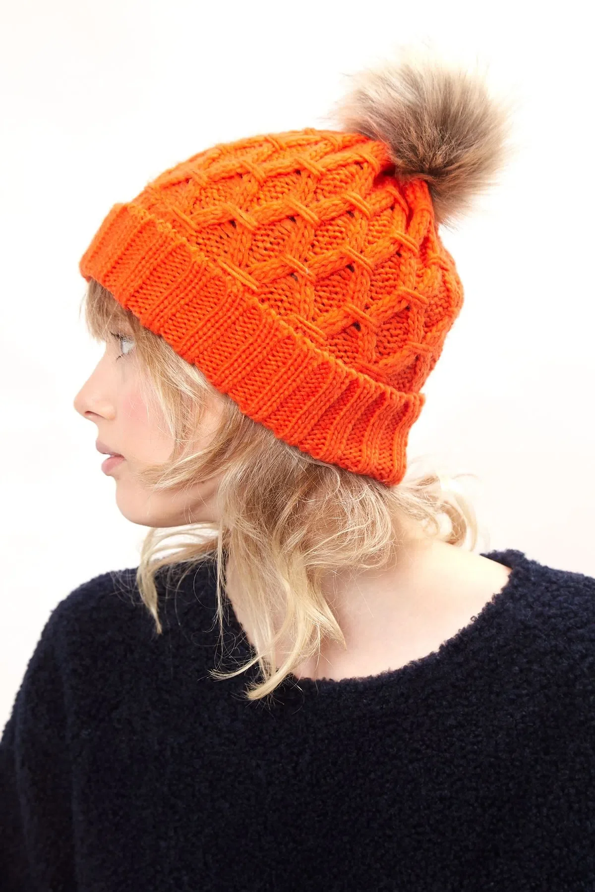 Louche Shauna Cable Knitted Beanie With Faux Fur Bobble - Red - Image 3
