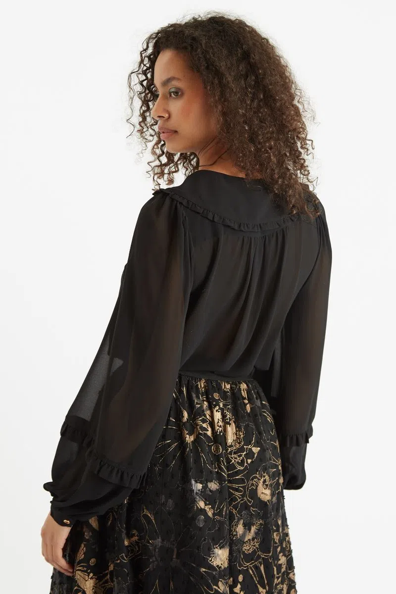 Louche Tuppence Statement Collar Long Sleeve Blouse Black - Image 3