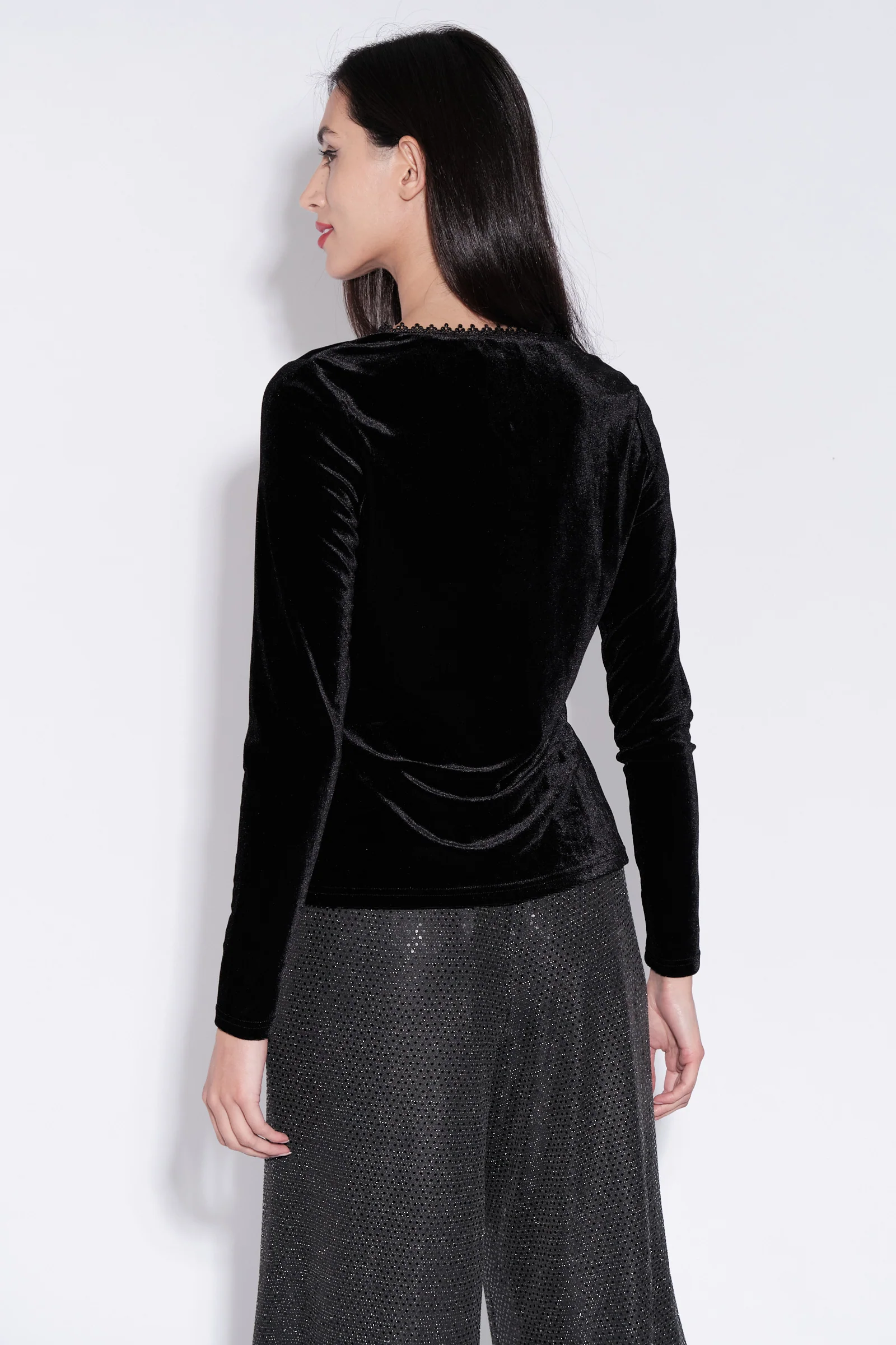 Maeko Velvet V Neck Top in Black - Image 2