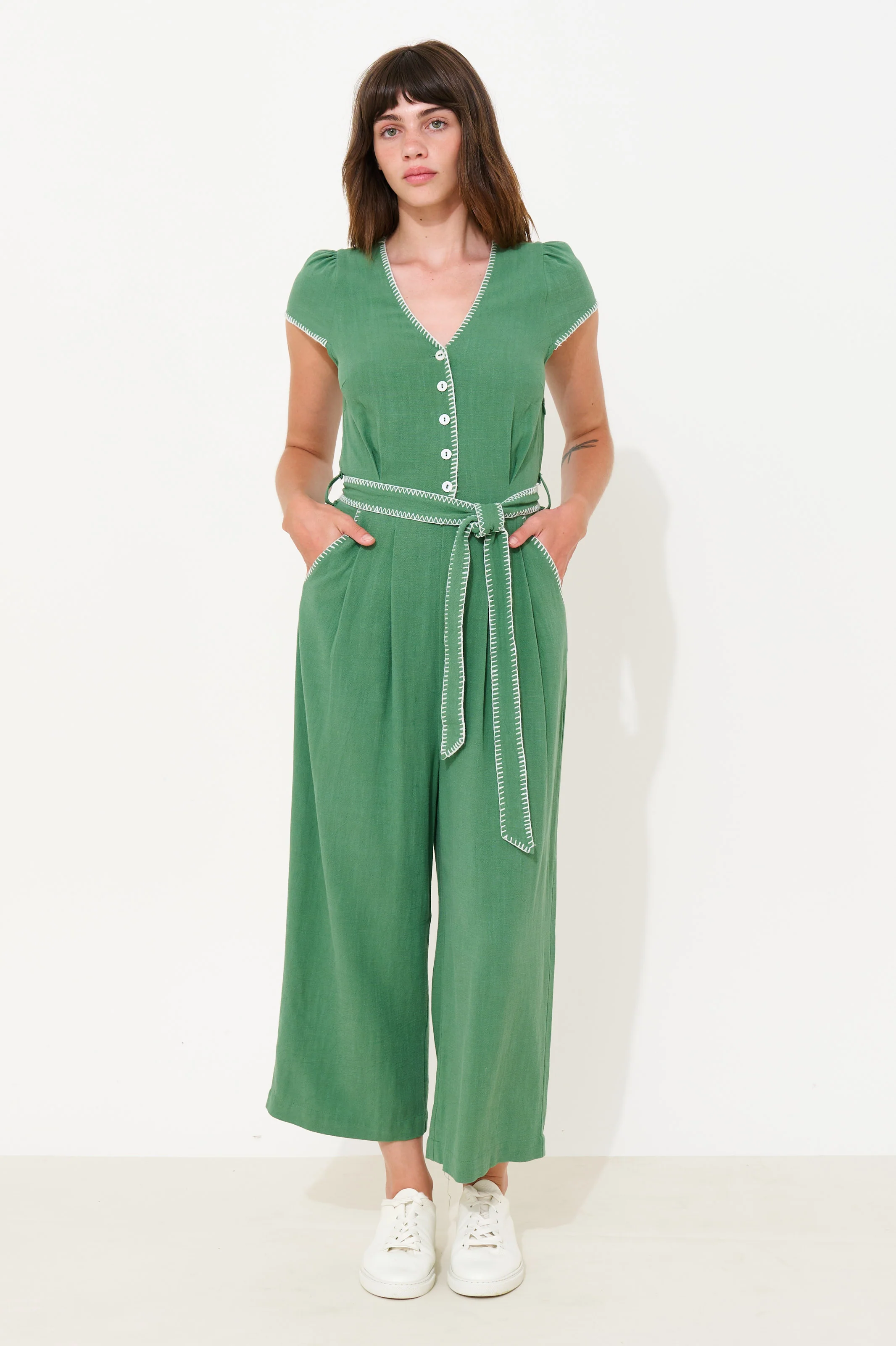 Marleen Blanket Stitch Linen Mix Jumpsuit - Green - Image 2