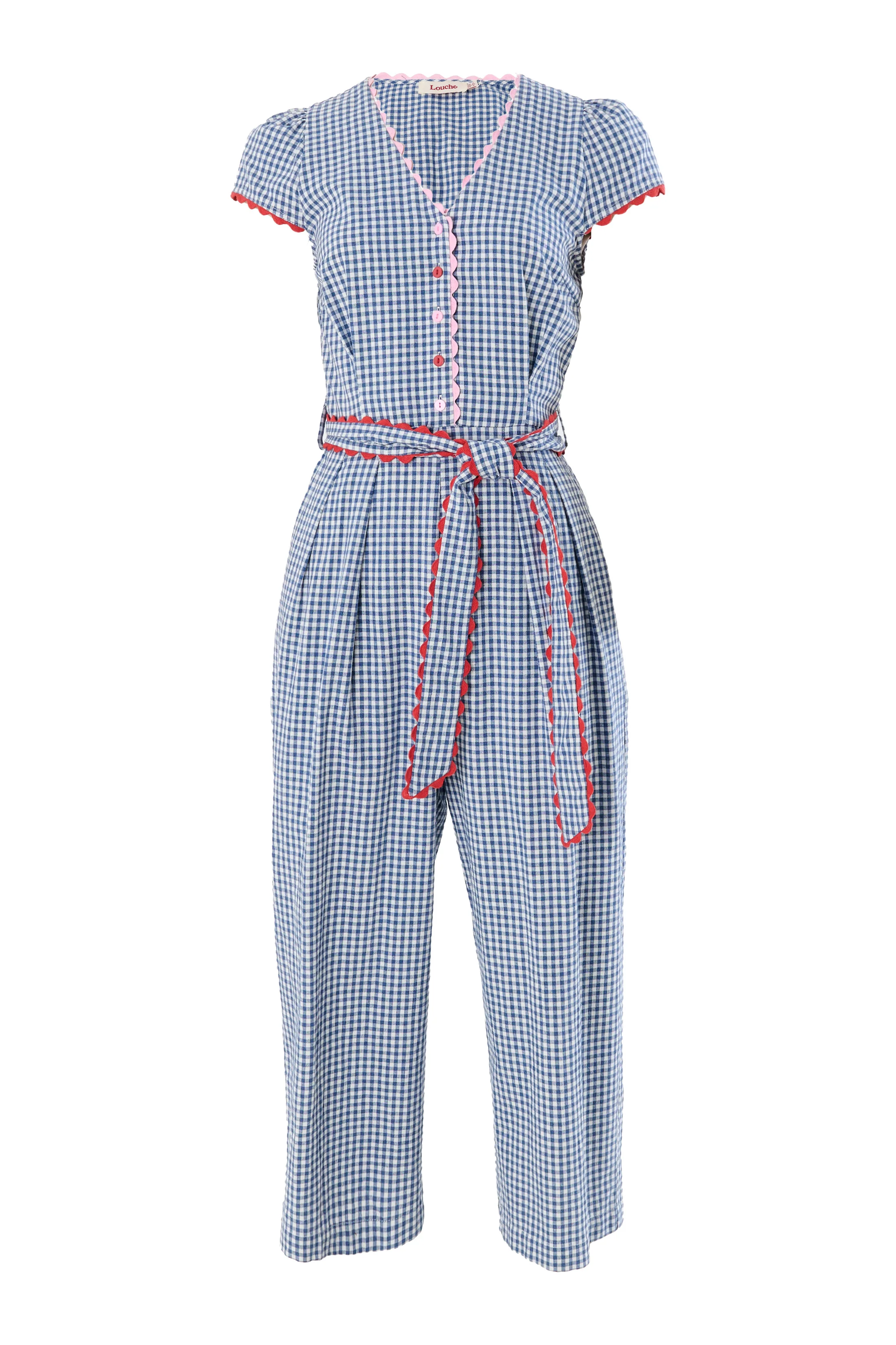 Marleen Gingham Ric Rac Trim Cropped Jumpsuit - Blue - Image 6
