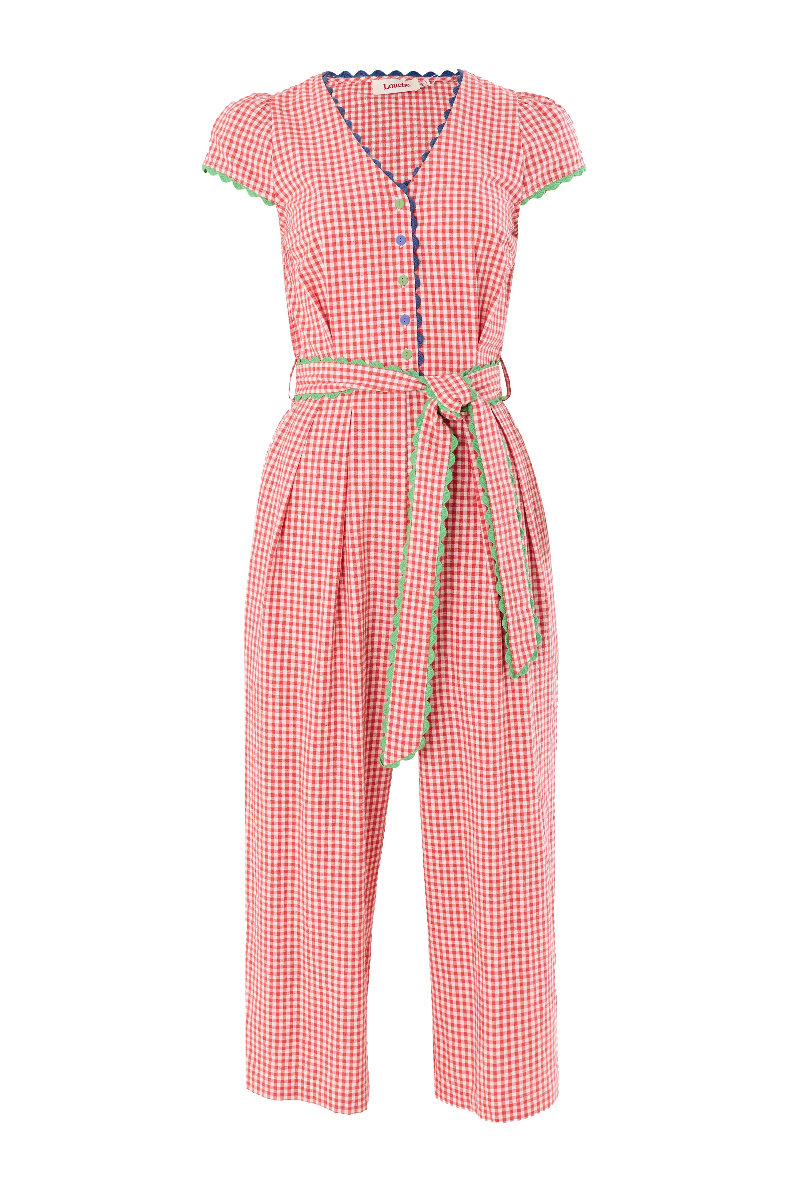 Marleen Gingham Ric Rac Trim Cropped Jumpsuit - Red - Image 6