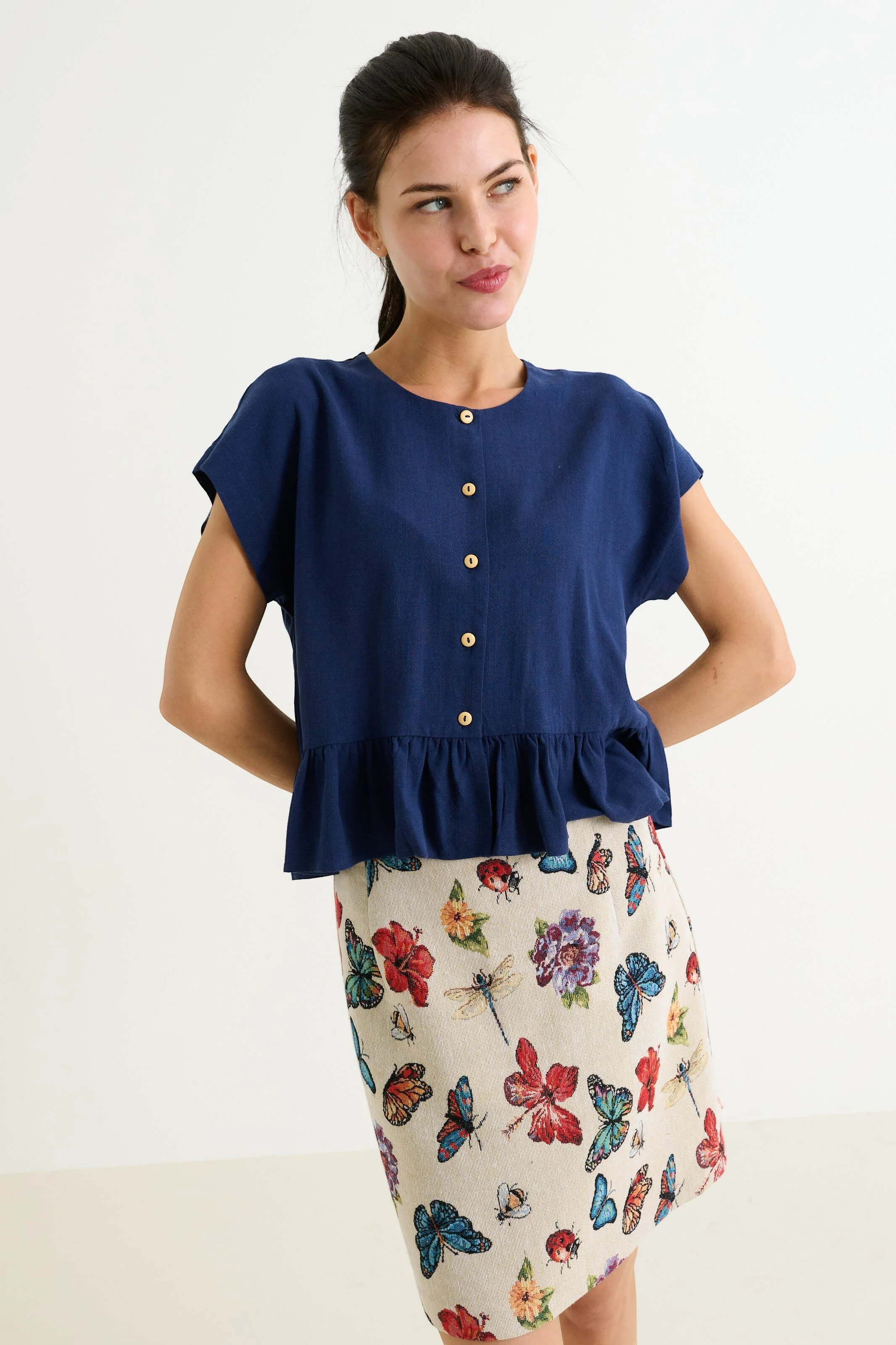 Mira Linen Mix Top - Navy - Image 3