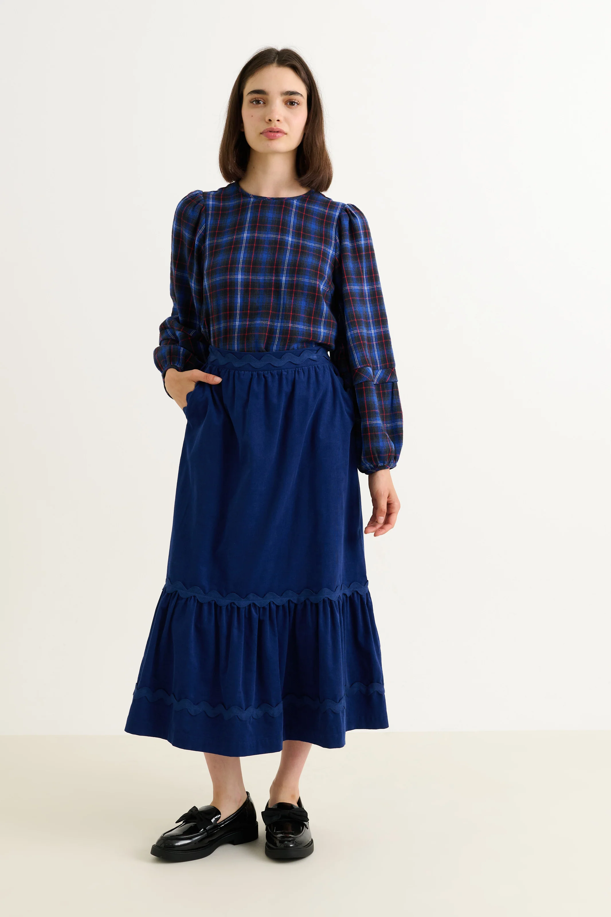 Montana Babycord Ric Rac Trim Tiered Midi Skirt - Navy - Image 2