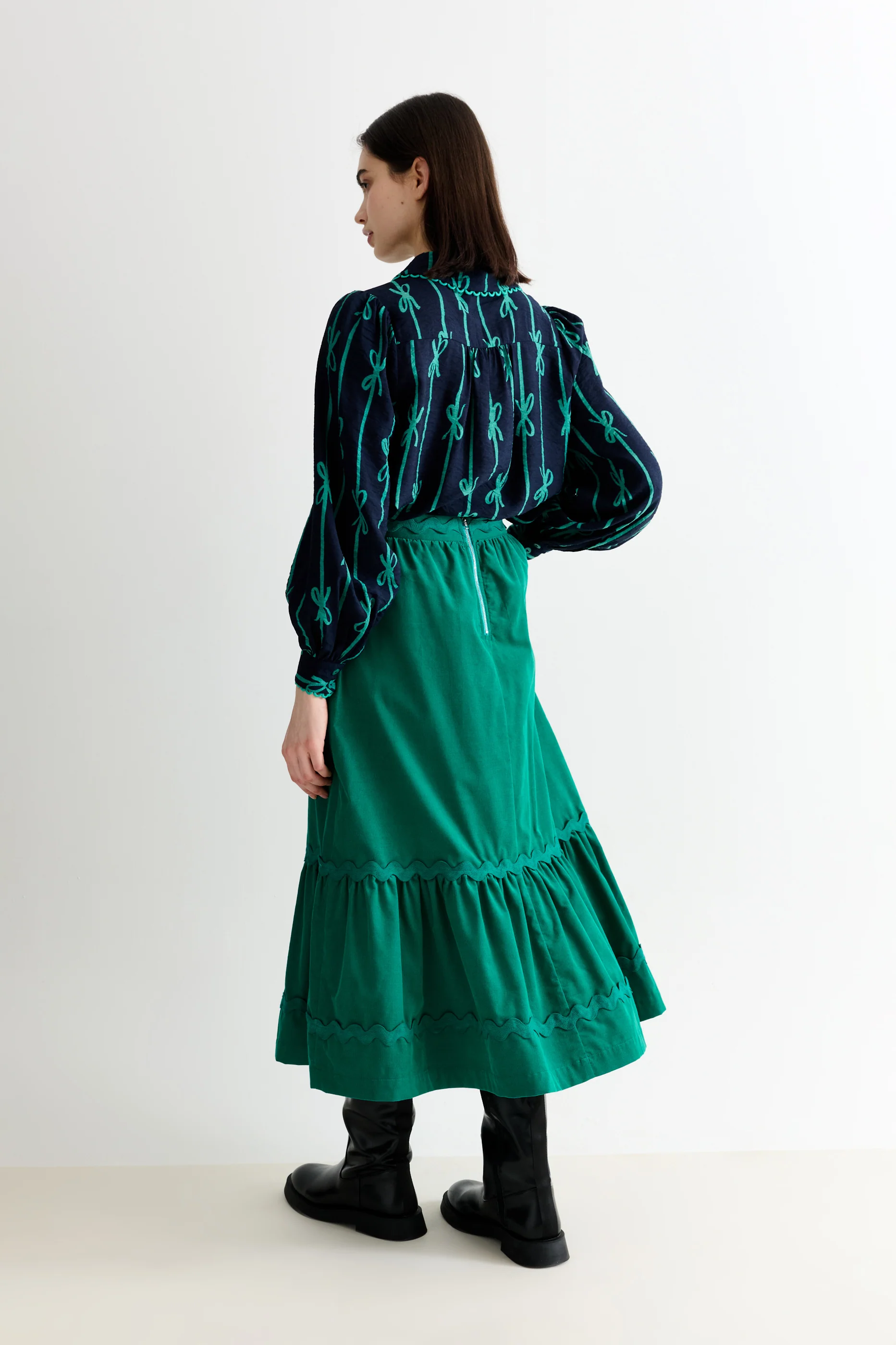 Montana Babycord Ric Rac Trim Tiered Midi Skirt - Teal - Image 3