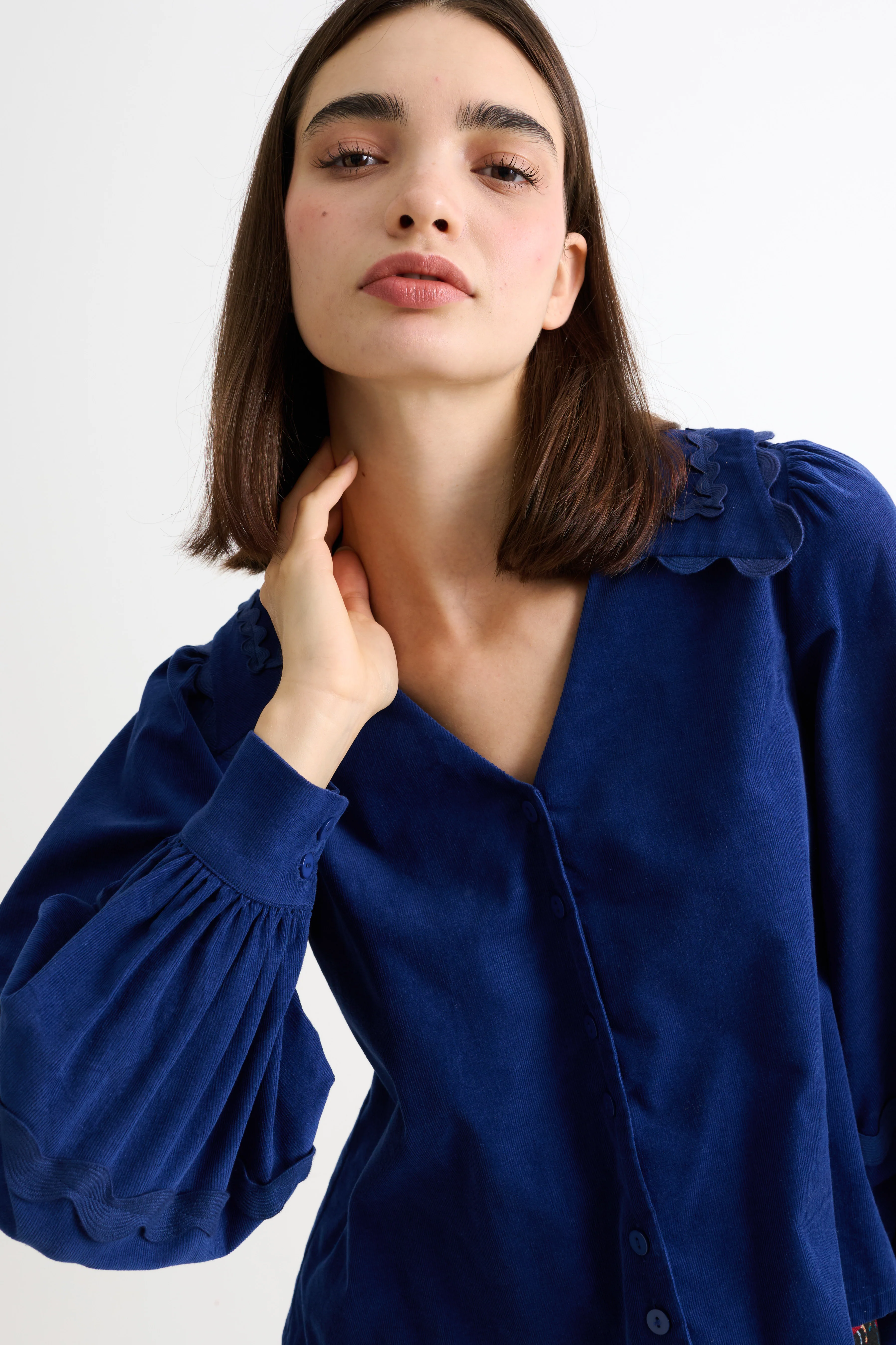 Pallas Babycord Big Collar Ric Rac Trimmed Blouse - Navy - Image 4