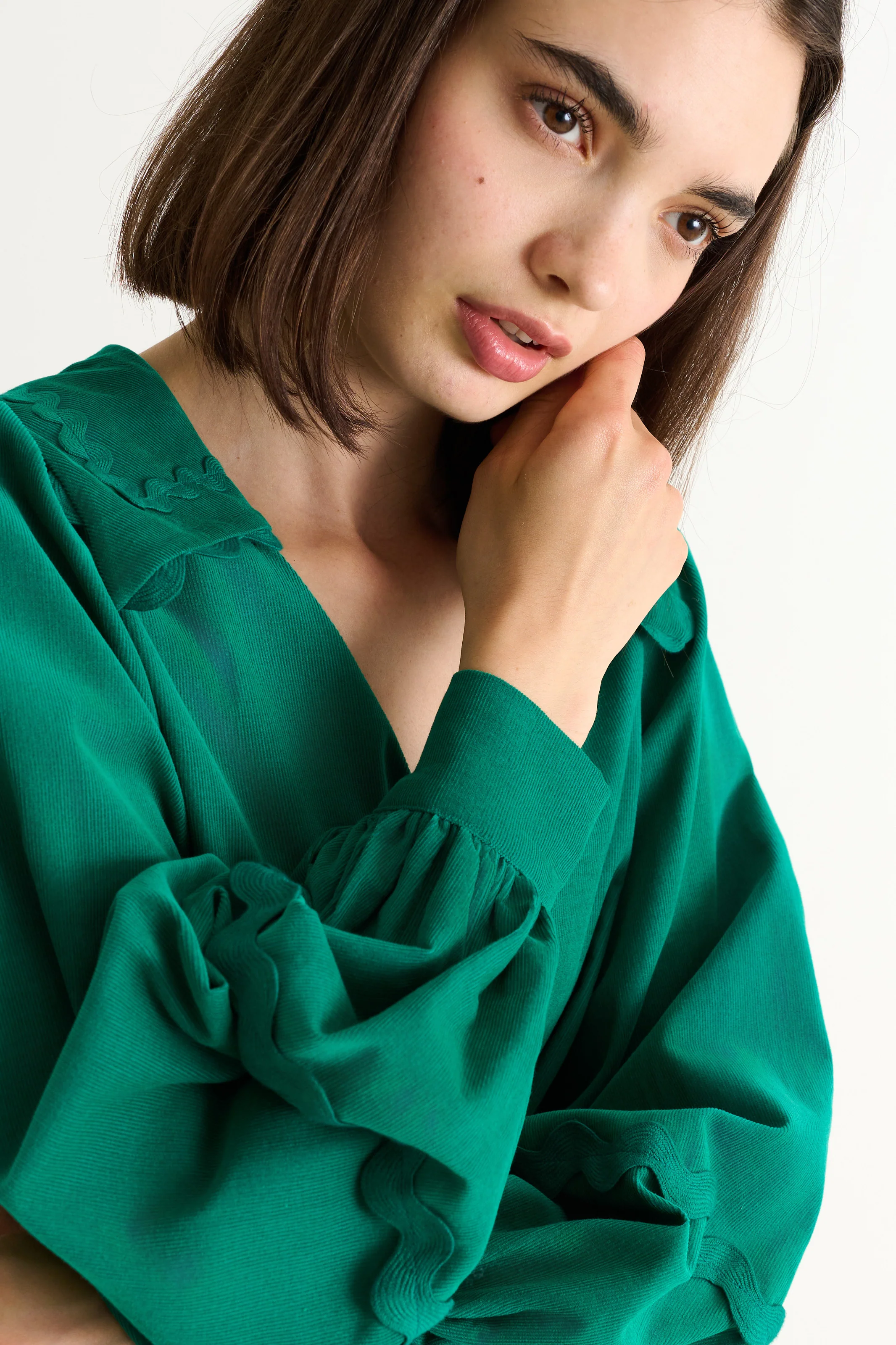 Pallas Babycord Big Collar Ric Rac Trimmed Blouse - Teal - Image 4