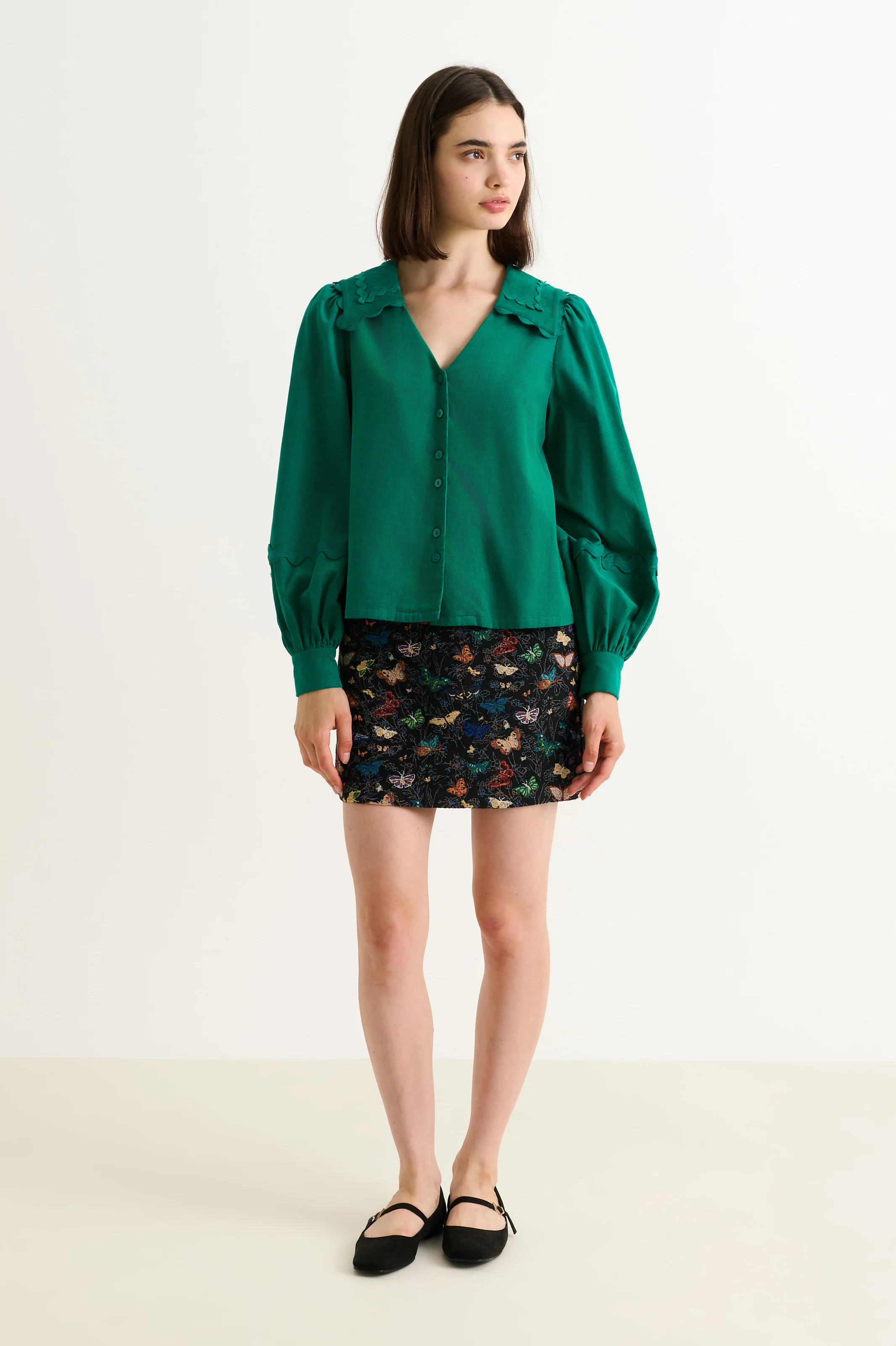 Pallas Babycord Big Collar Ric Rac Trimmed Blouse - Teal - Image 5