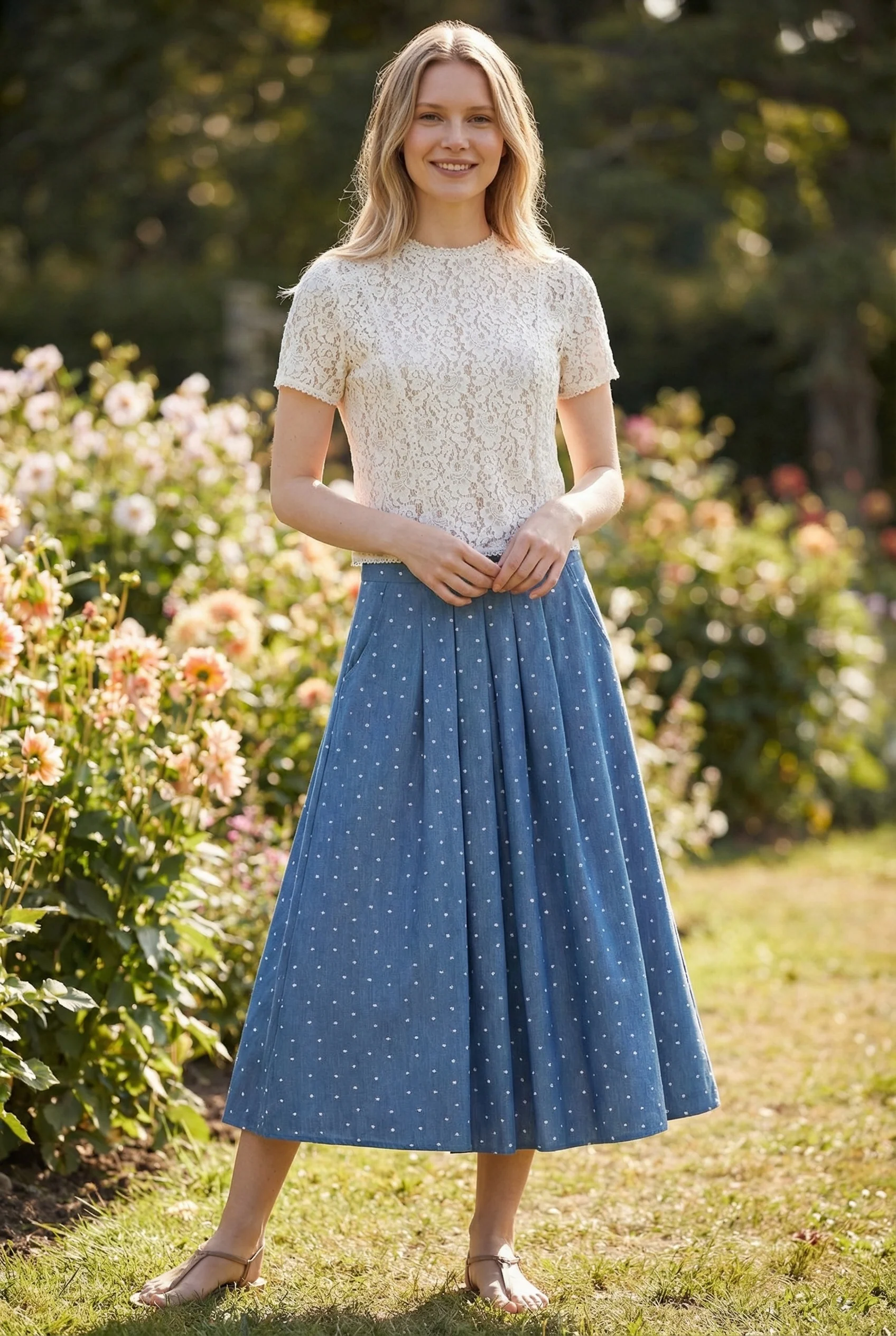 Pasadena Flower Dot Blue Midaxi Skirt - Image 4