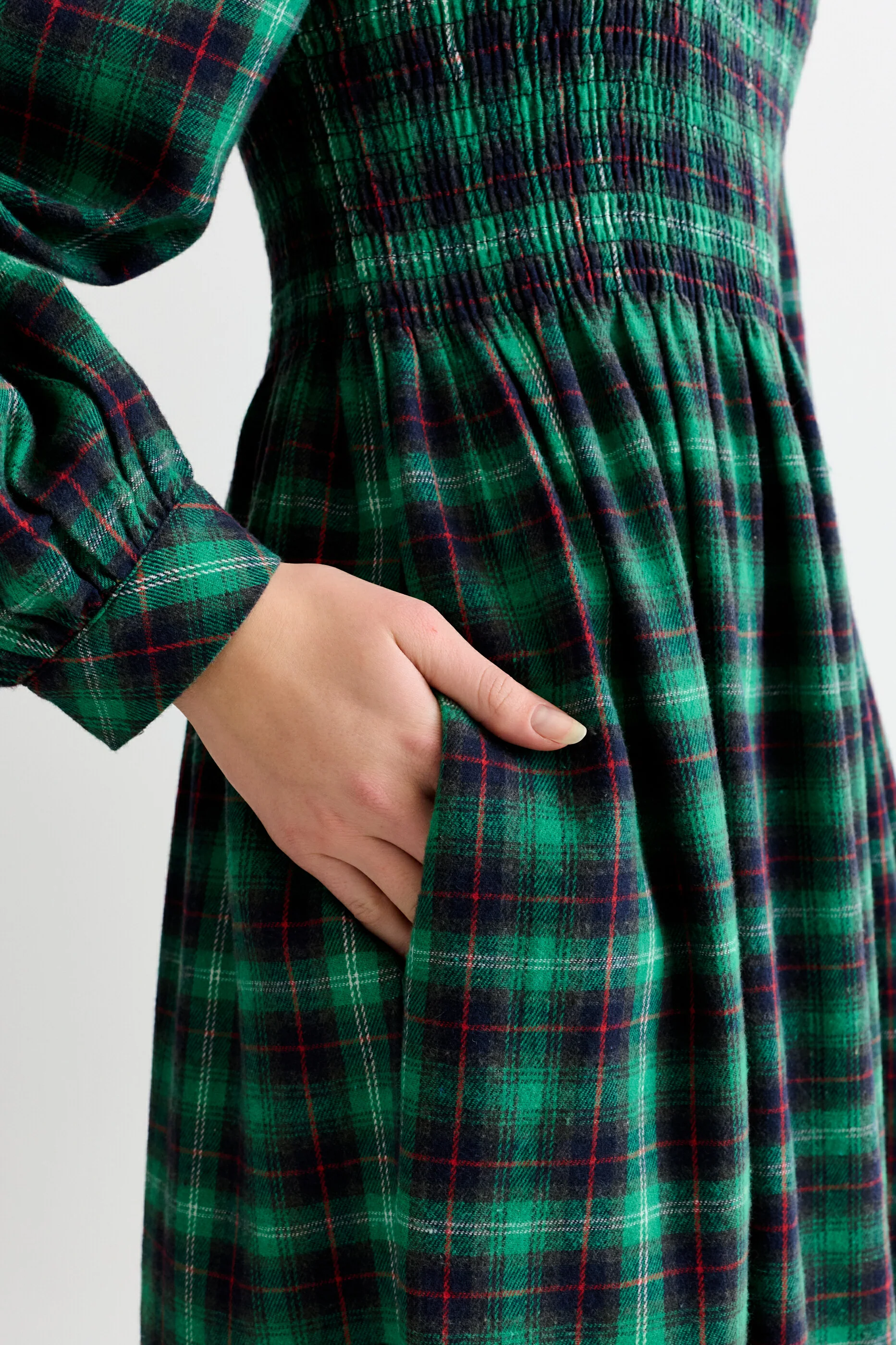 Peppi Winter Check Smocked Bodice Midi Dress - Green - Image 5