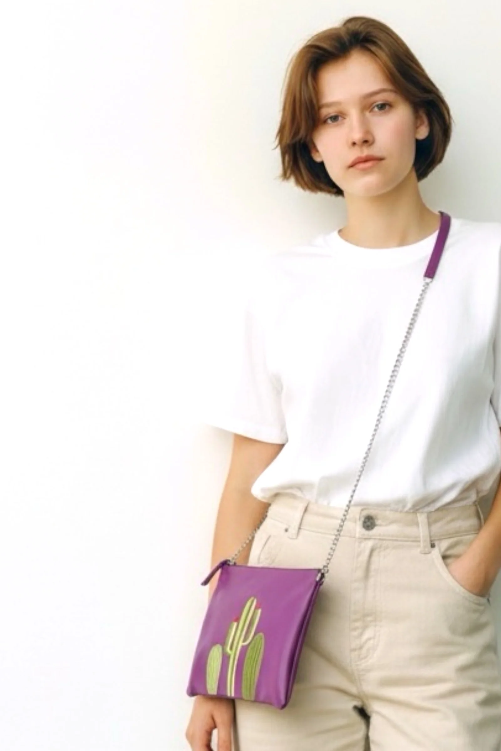 Purple Leather Cactus Embroidered Cross Body Bag - Image 3