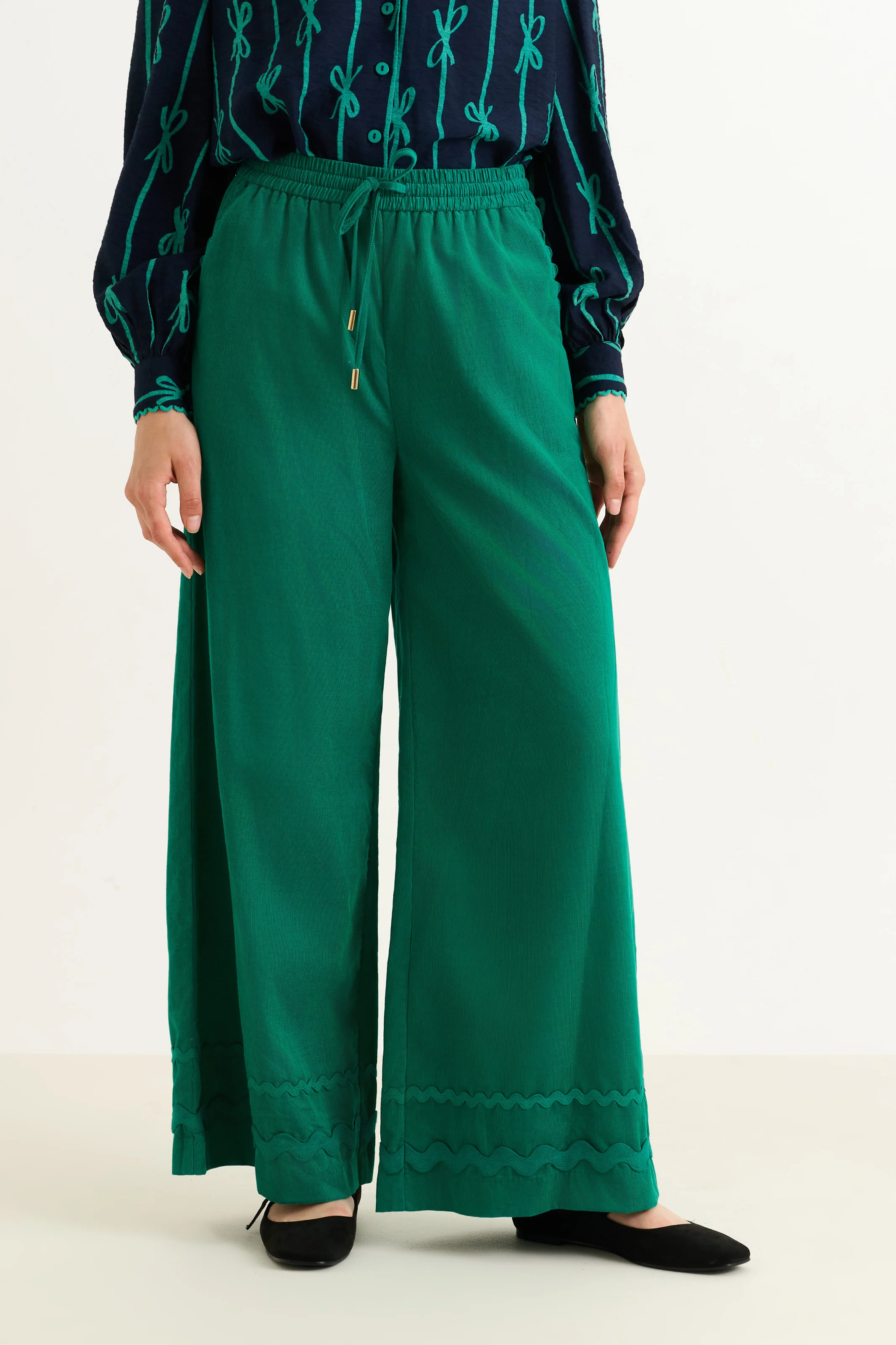 River Babycord Ric Rac Trim Wide Leg Trouser - Teal - Image 2